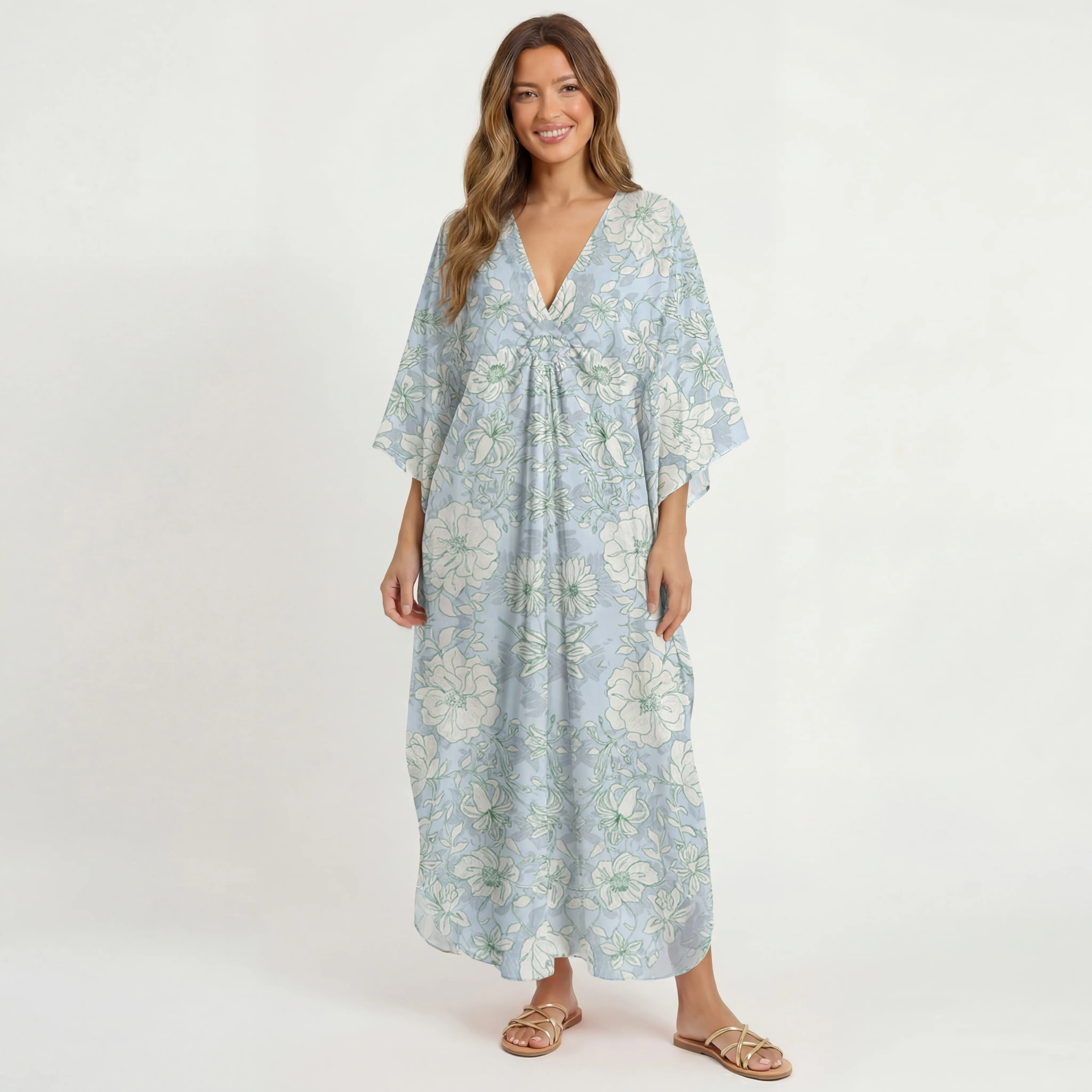  V‑Neck Mist Floral Kimono Sleeve Kaftan Dress