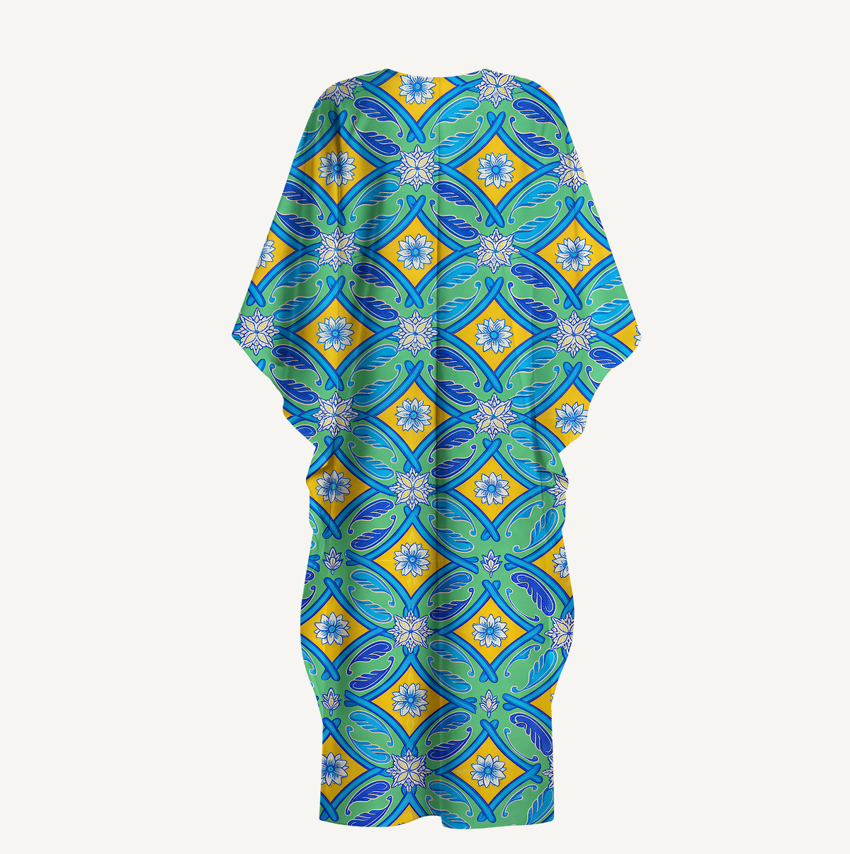 V‑Neck Azure Tile Kimono Sleeve Kaftan Dress