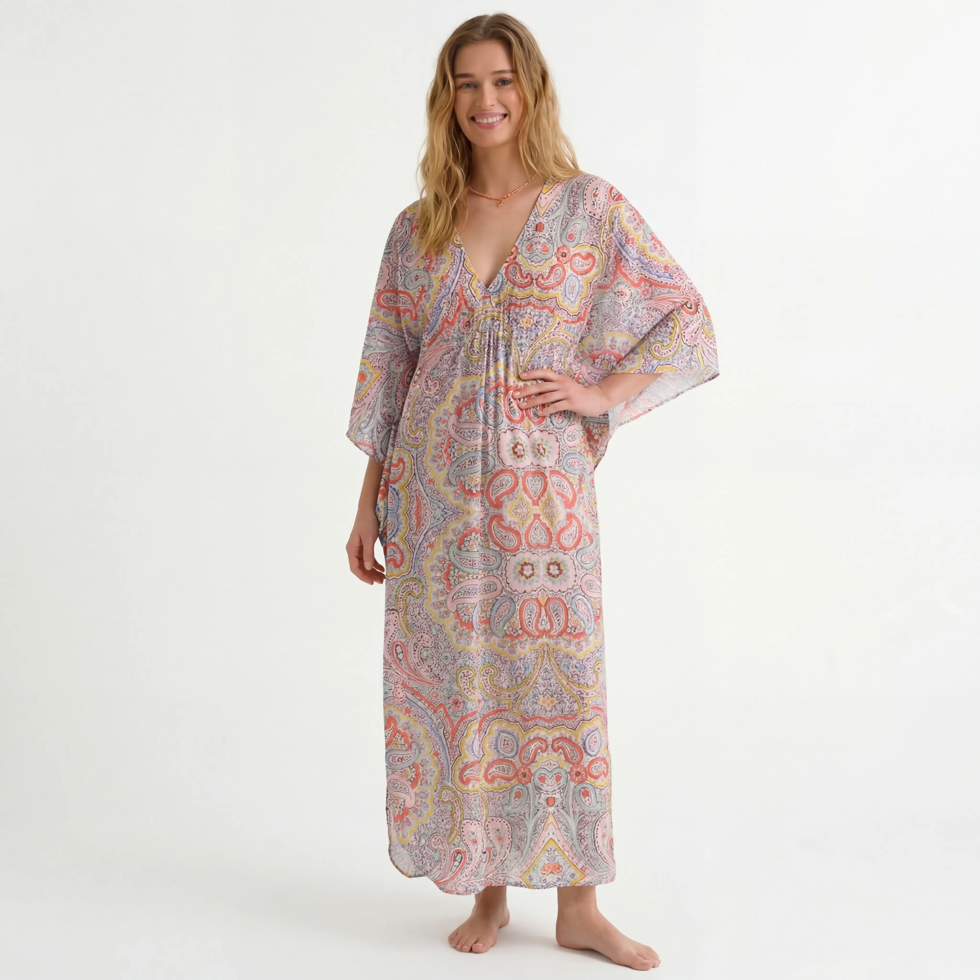  V‑Neck Sunrise Paisley Kimono Sleeve Kaftan Dress