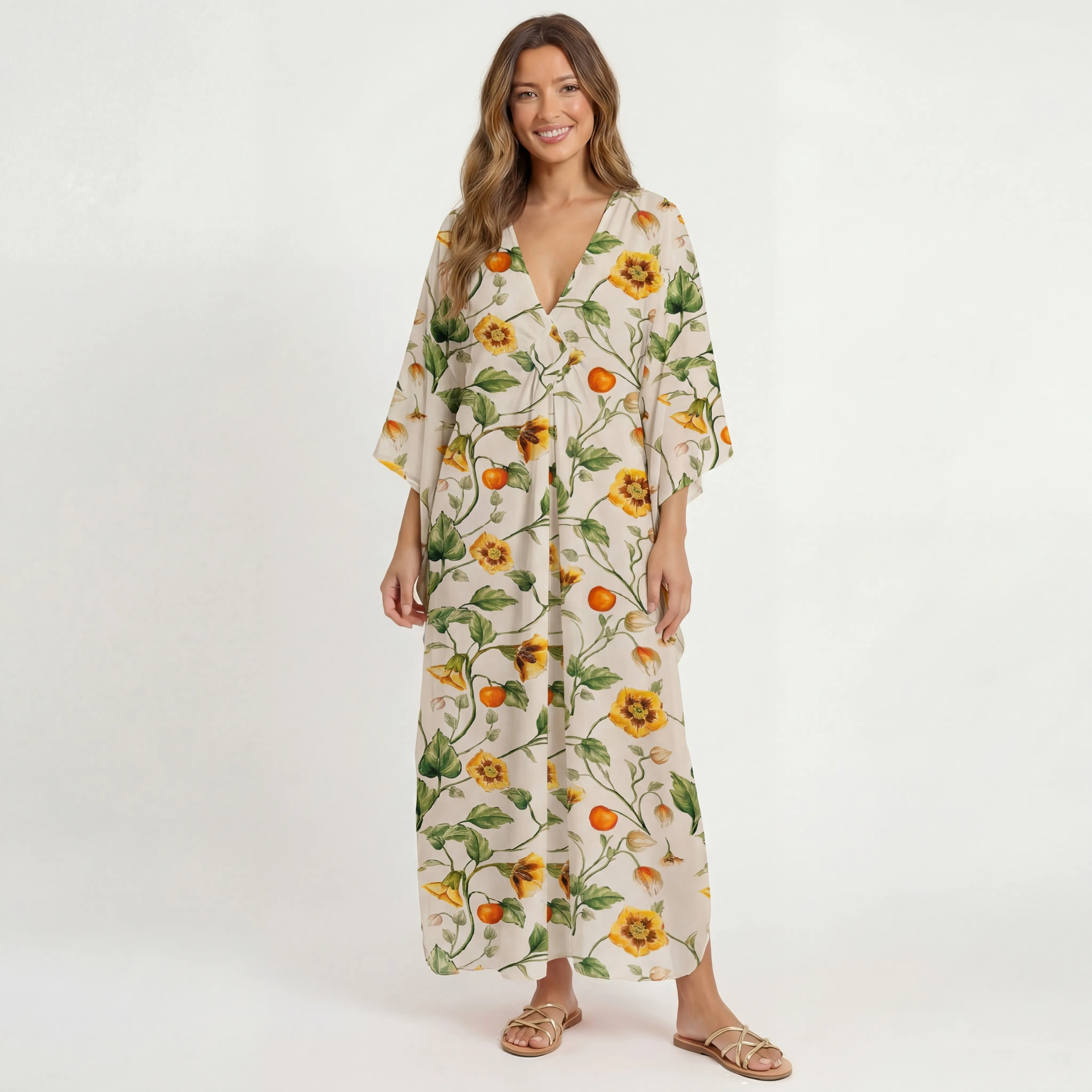  V‑Neck Golden Field Kimono Sleeve Kaftan Dress
