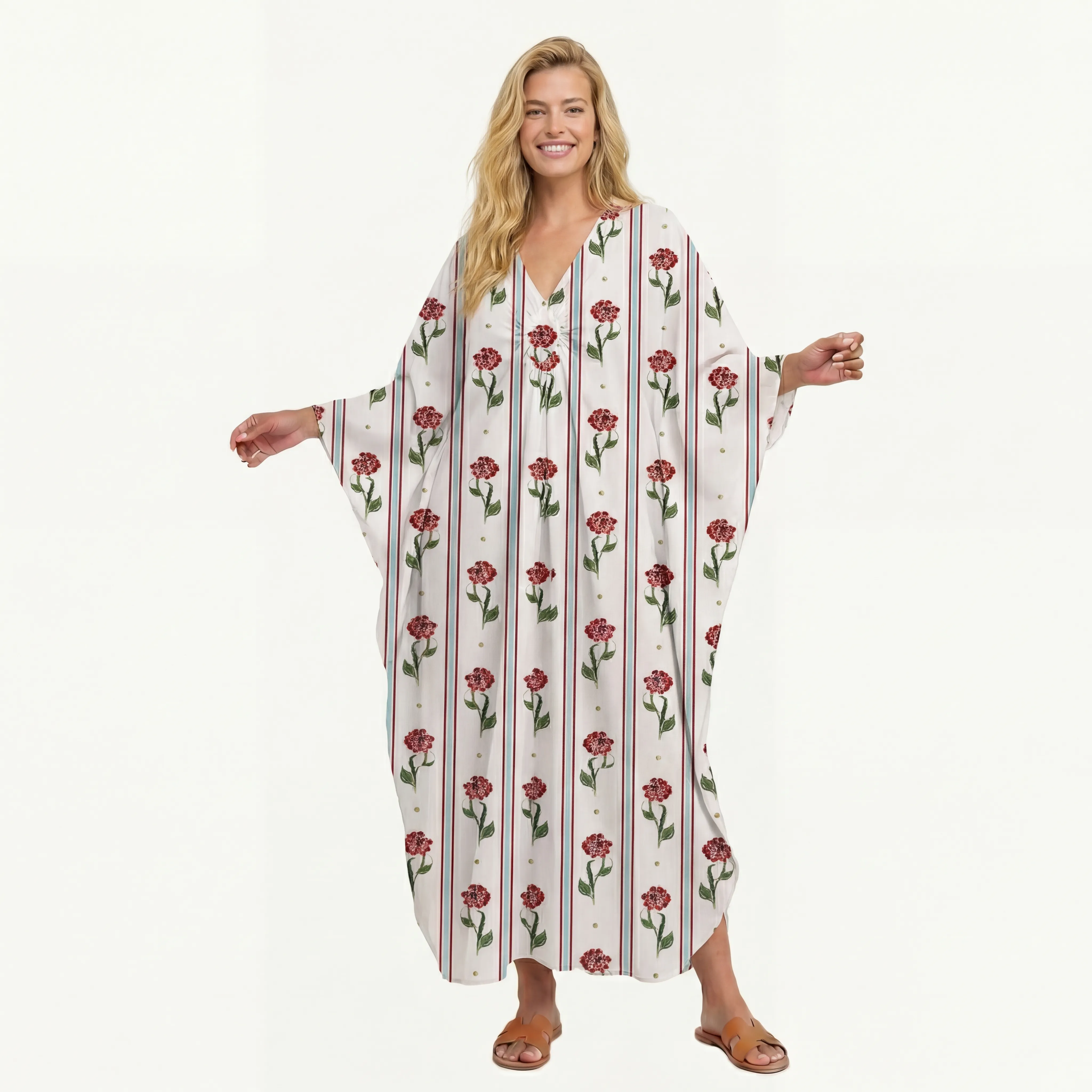  V‑Neck Crimson Dianthus Kimono Sleeve Kaftan Dress