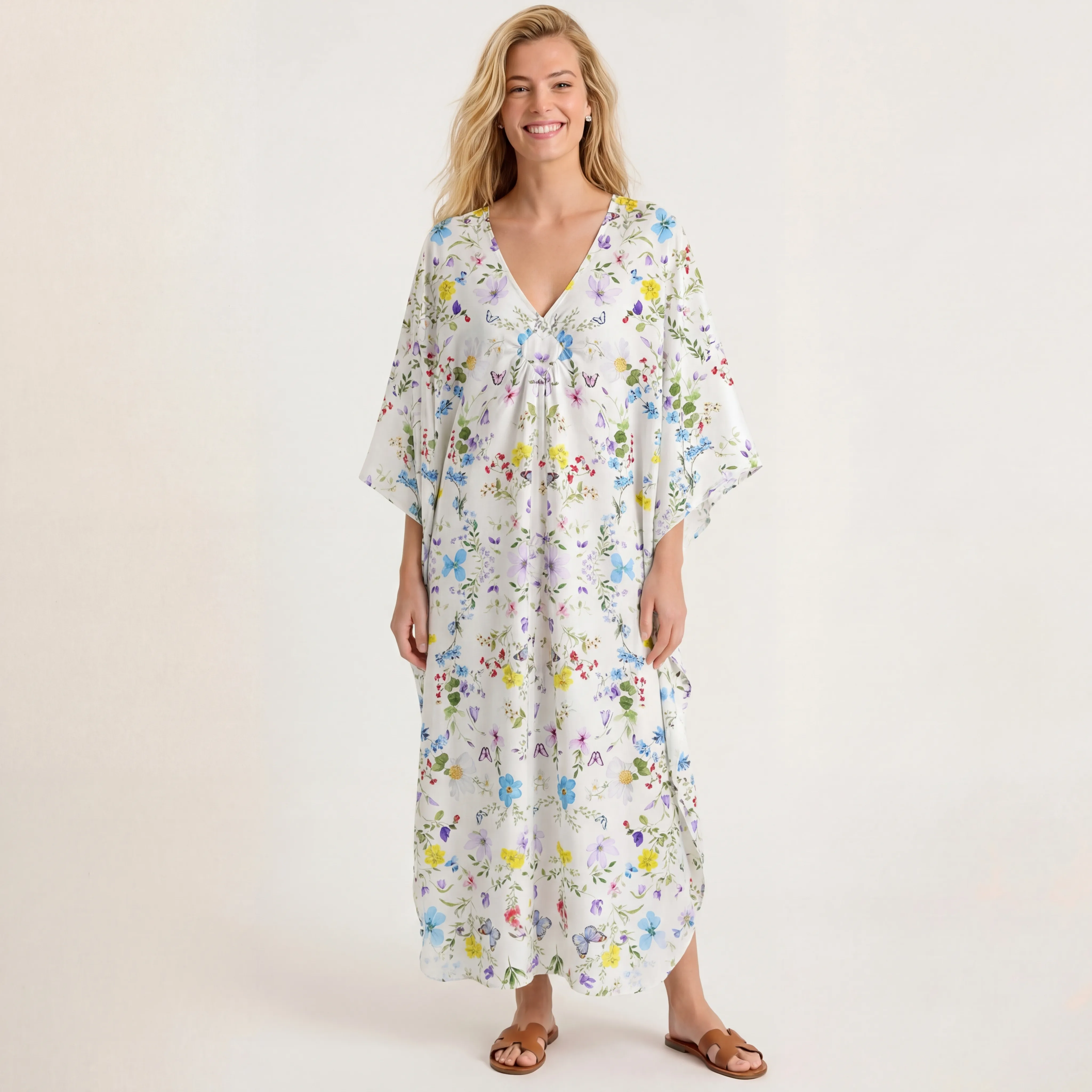  V‑Neck Butterfly Trail Kimono Sleeve Kaftan Dress
