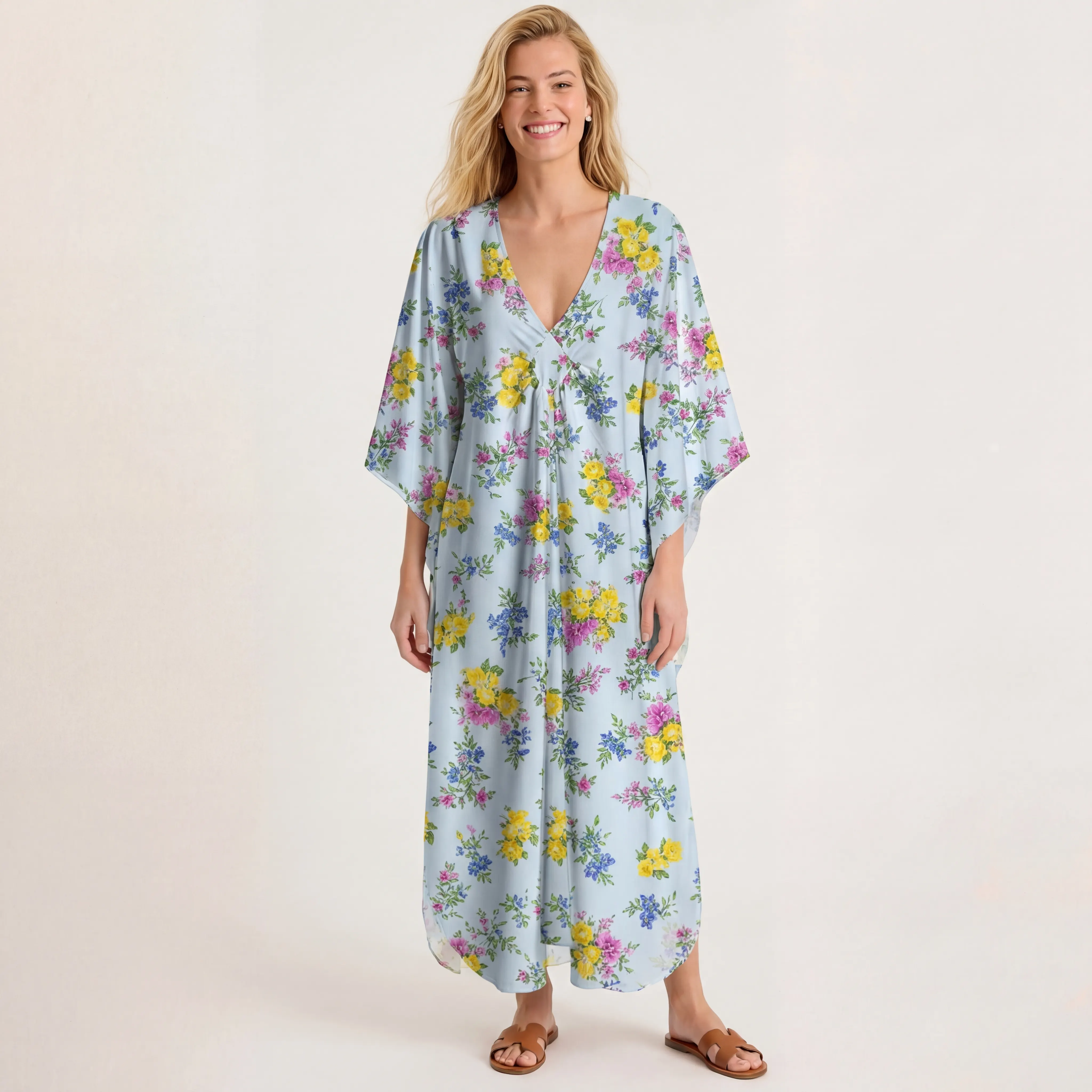  V‑Neck Blue Meadow Kimono Sleeve Kaftan Dress