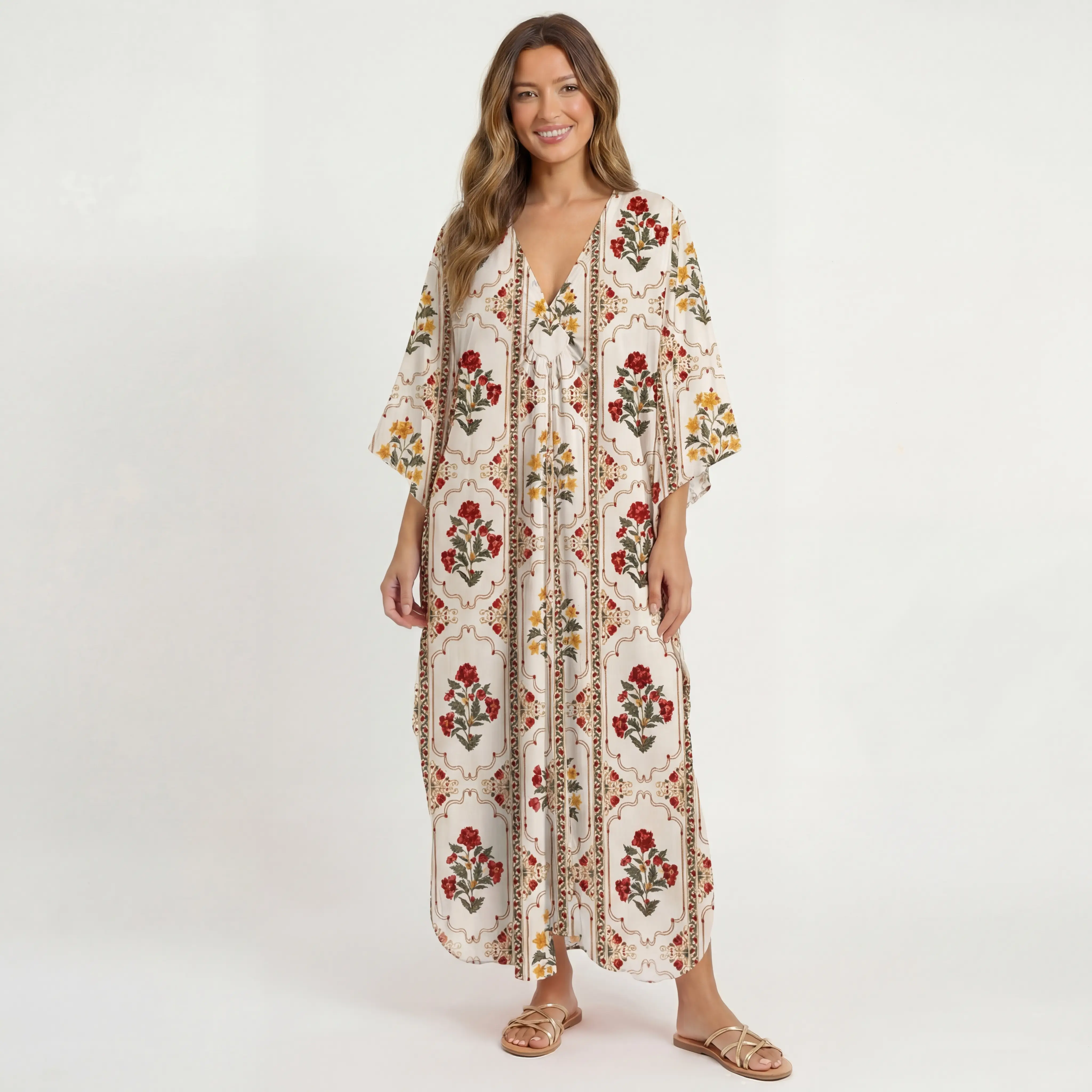  V‑Neck Velvet Carnation Kimono Sleeve Kaftan Dress