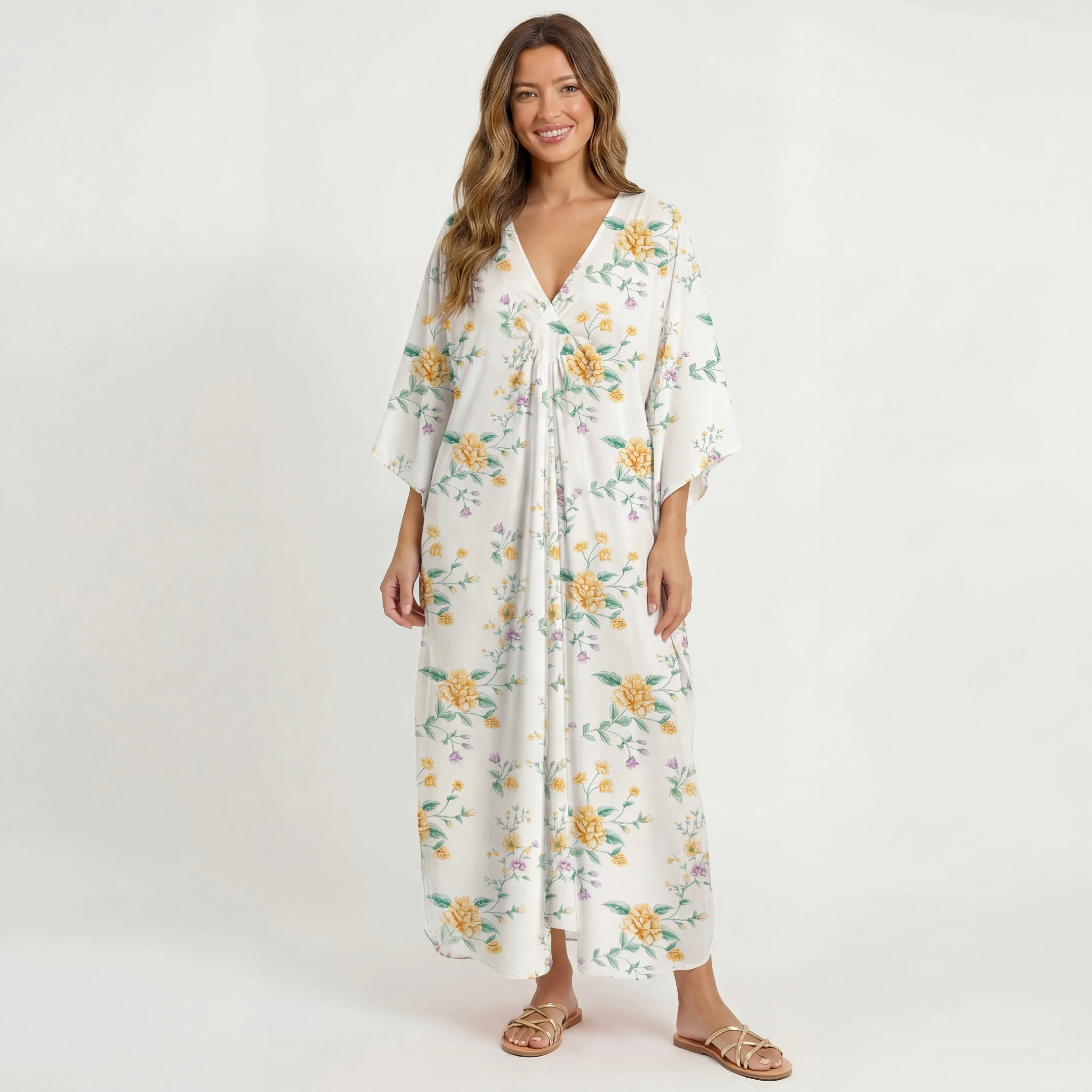  V‑Neck Amber Rose Kimono Sleeve Kaftan Dress