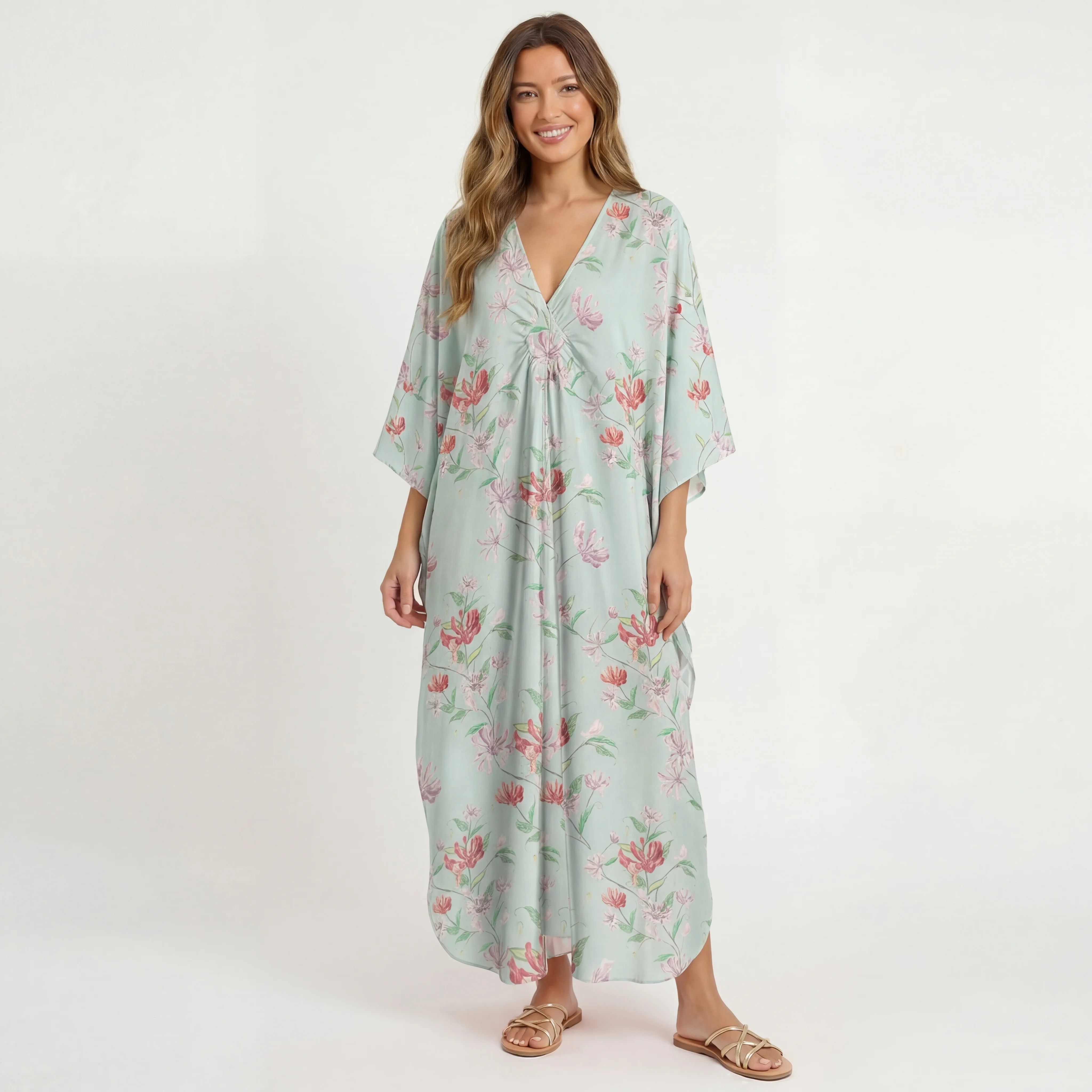  V‑Neck Mint Honeysuckle Kimono Sleeve Kaftan Dress