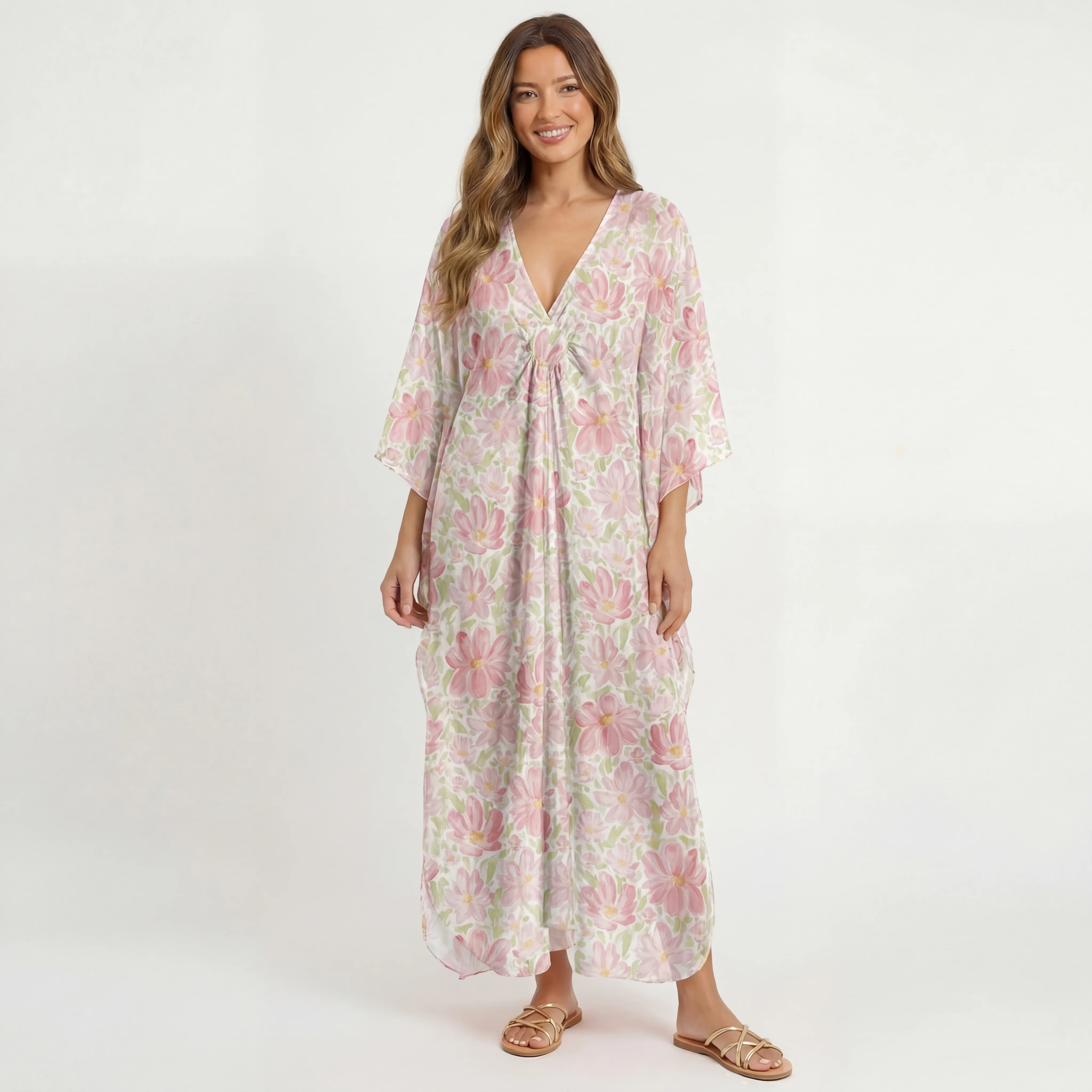  V‑Neck Cosmos Flower Kimono Sleeve Kaftan Dress