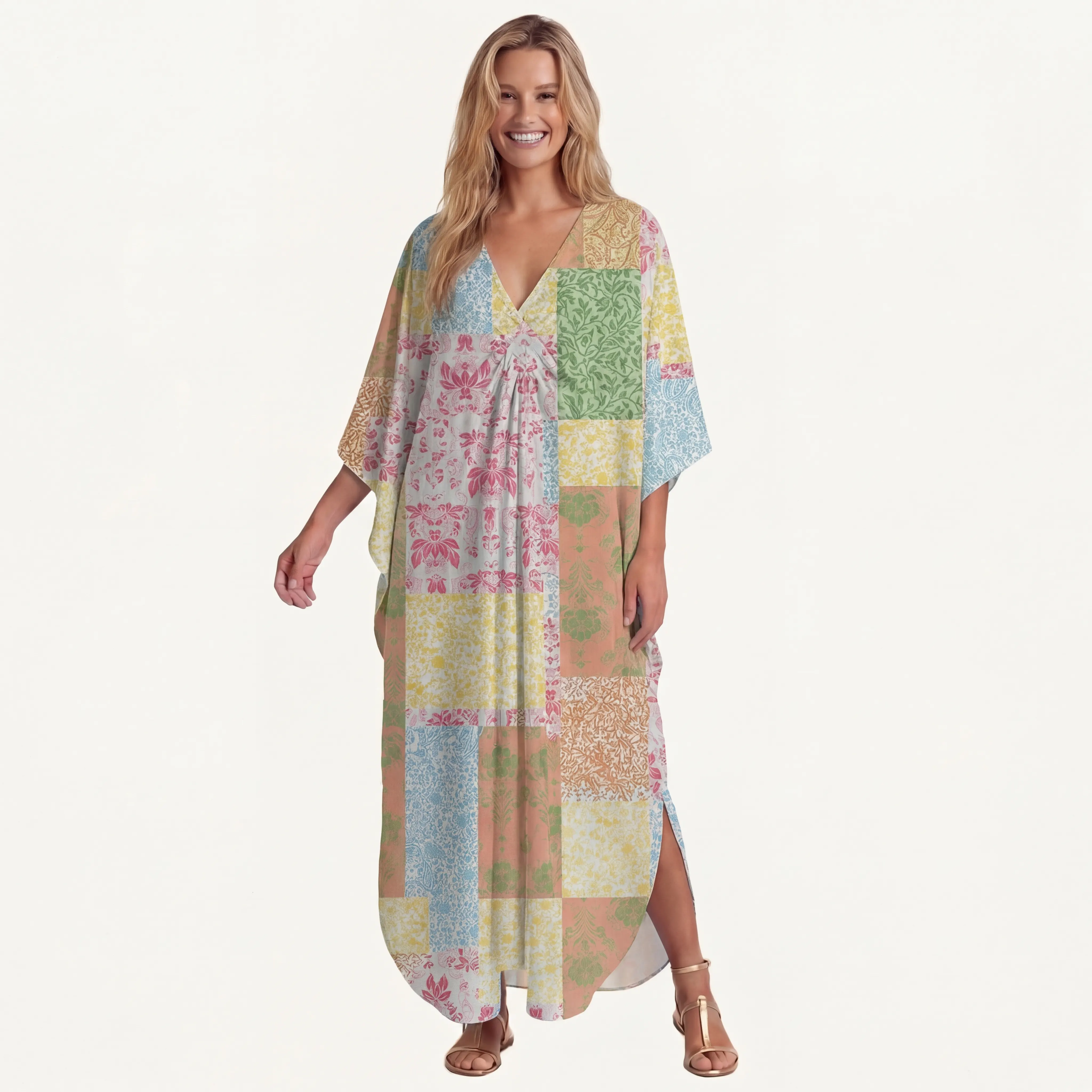  V‑Neck Morning Patch Kimono Sleeve Kaftan Dress