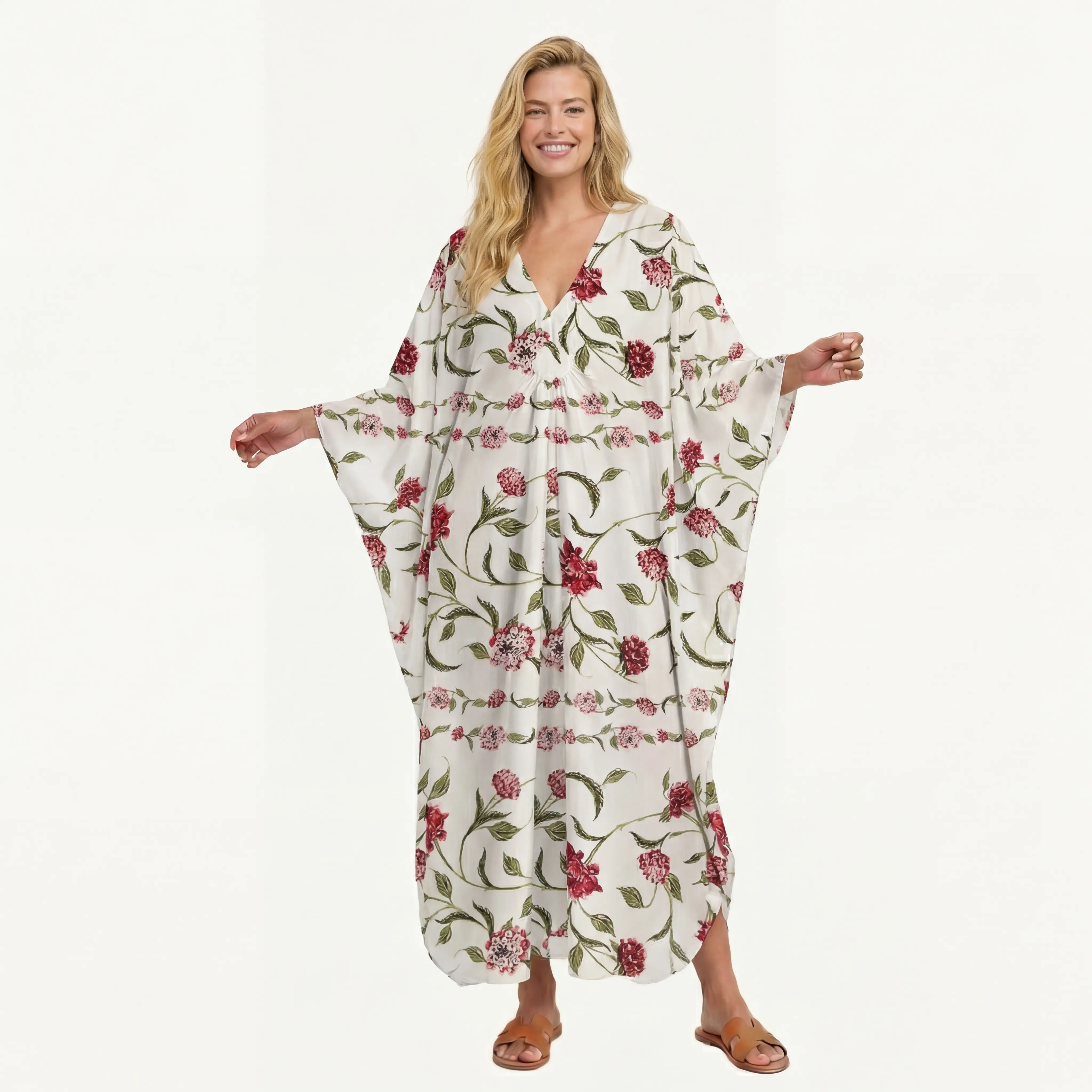  V‑Neck Red Floral Kimono Sleeve Kaftan Dress