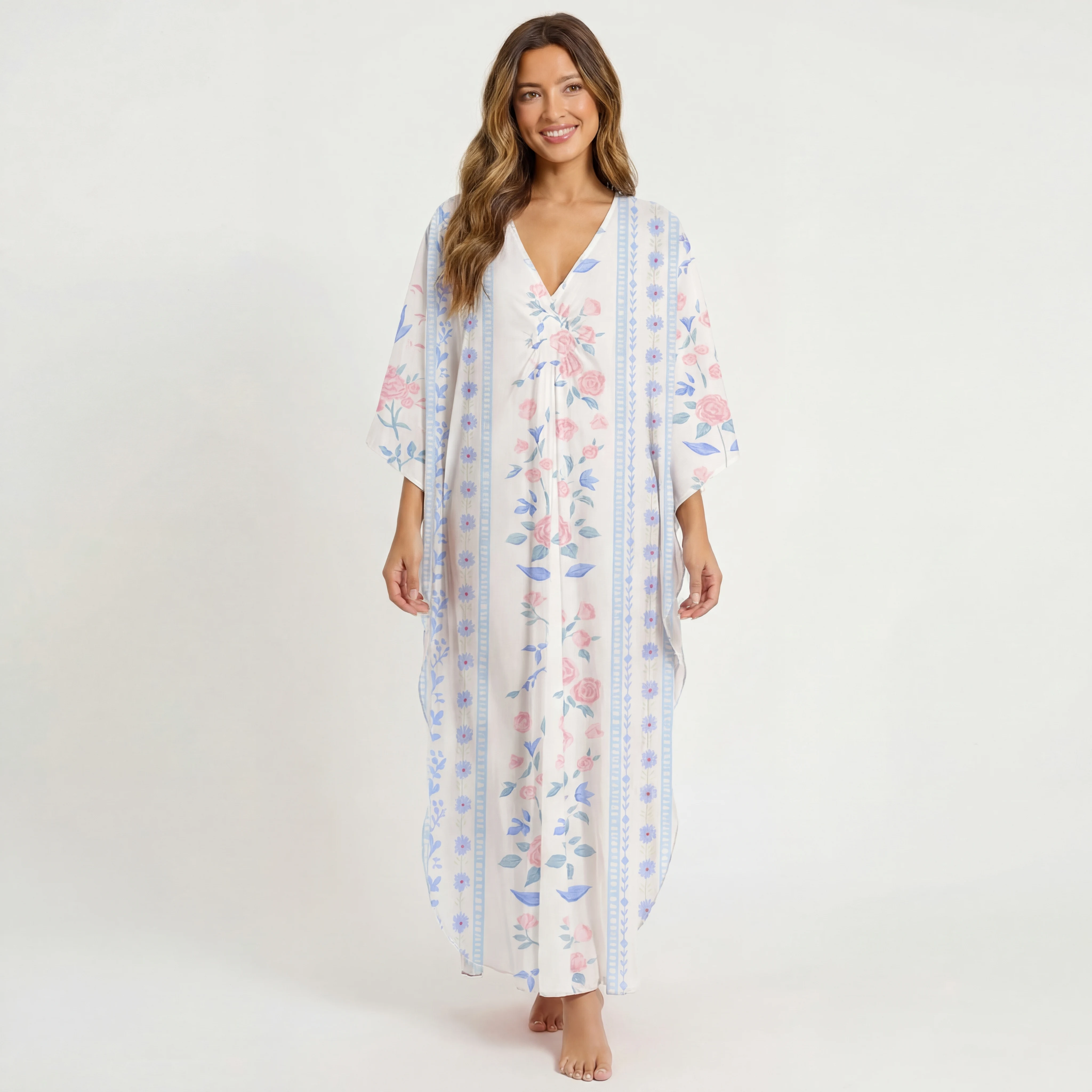  V‑Neck Blue Rose Kimono Sleeve Kaftan Dress