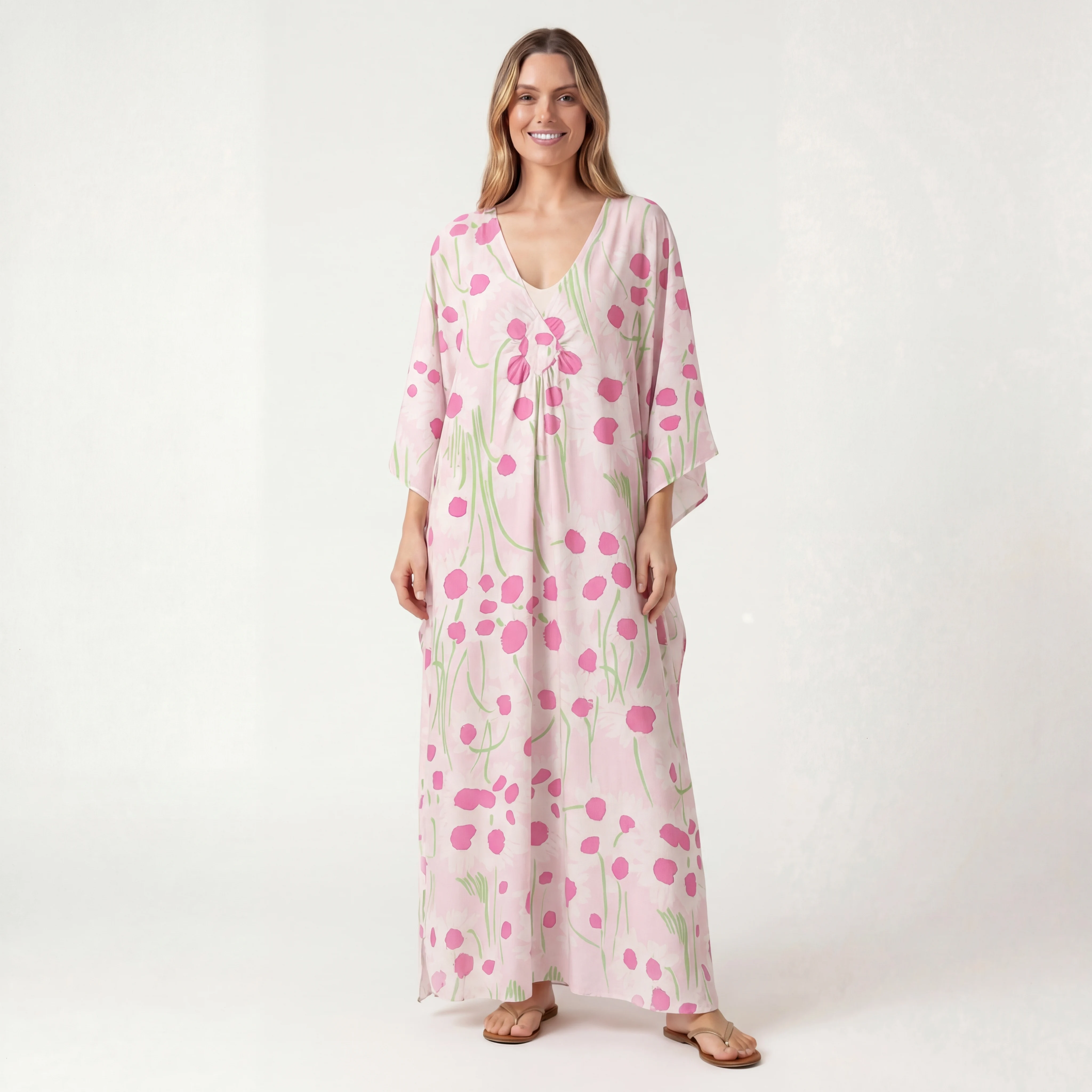  V‑Neck Pink Daisy Kimono Sleeve Kaftan Dress