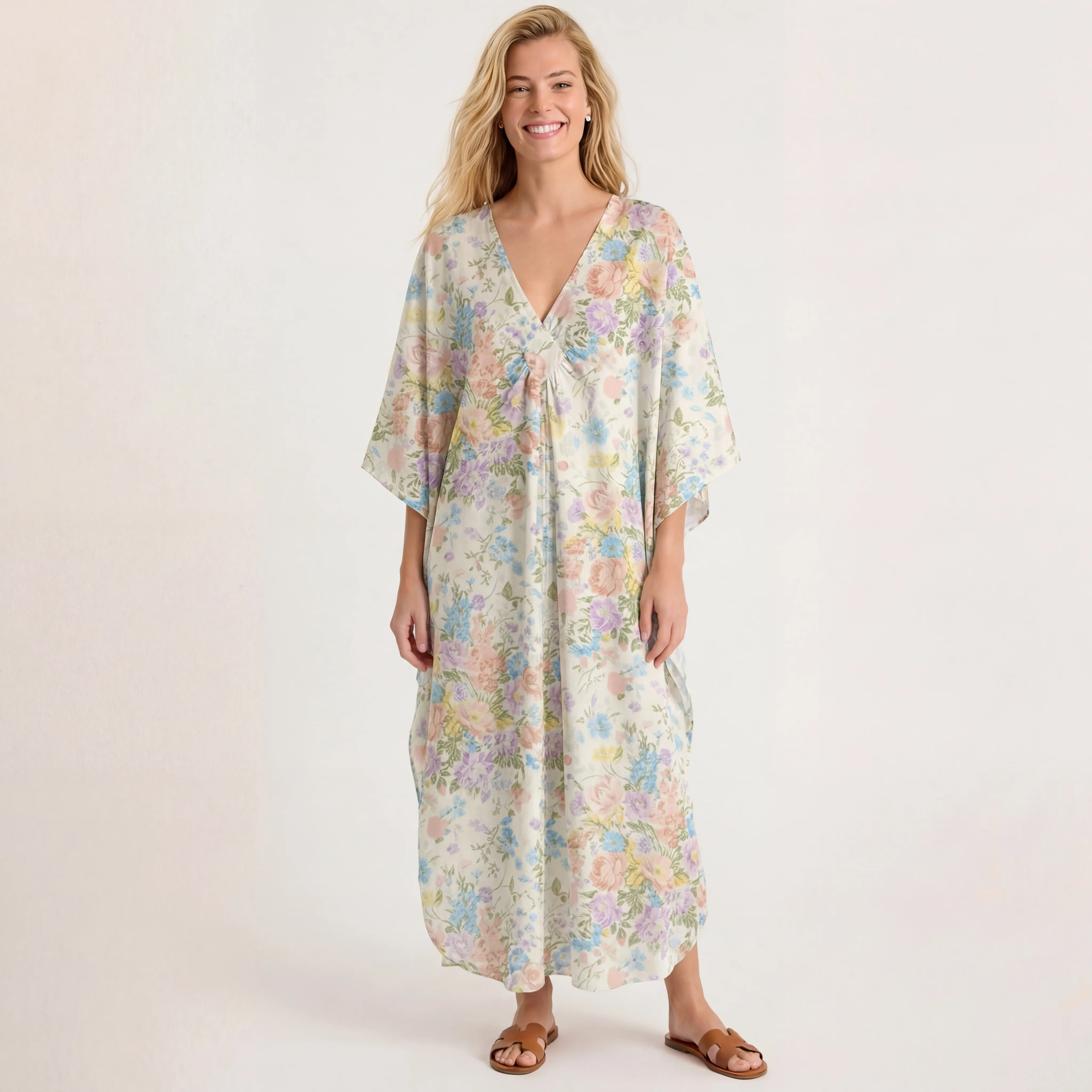  V‑Neck Morning Dew Bouquet Kimono Sleeve Kaftan Dress