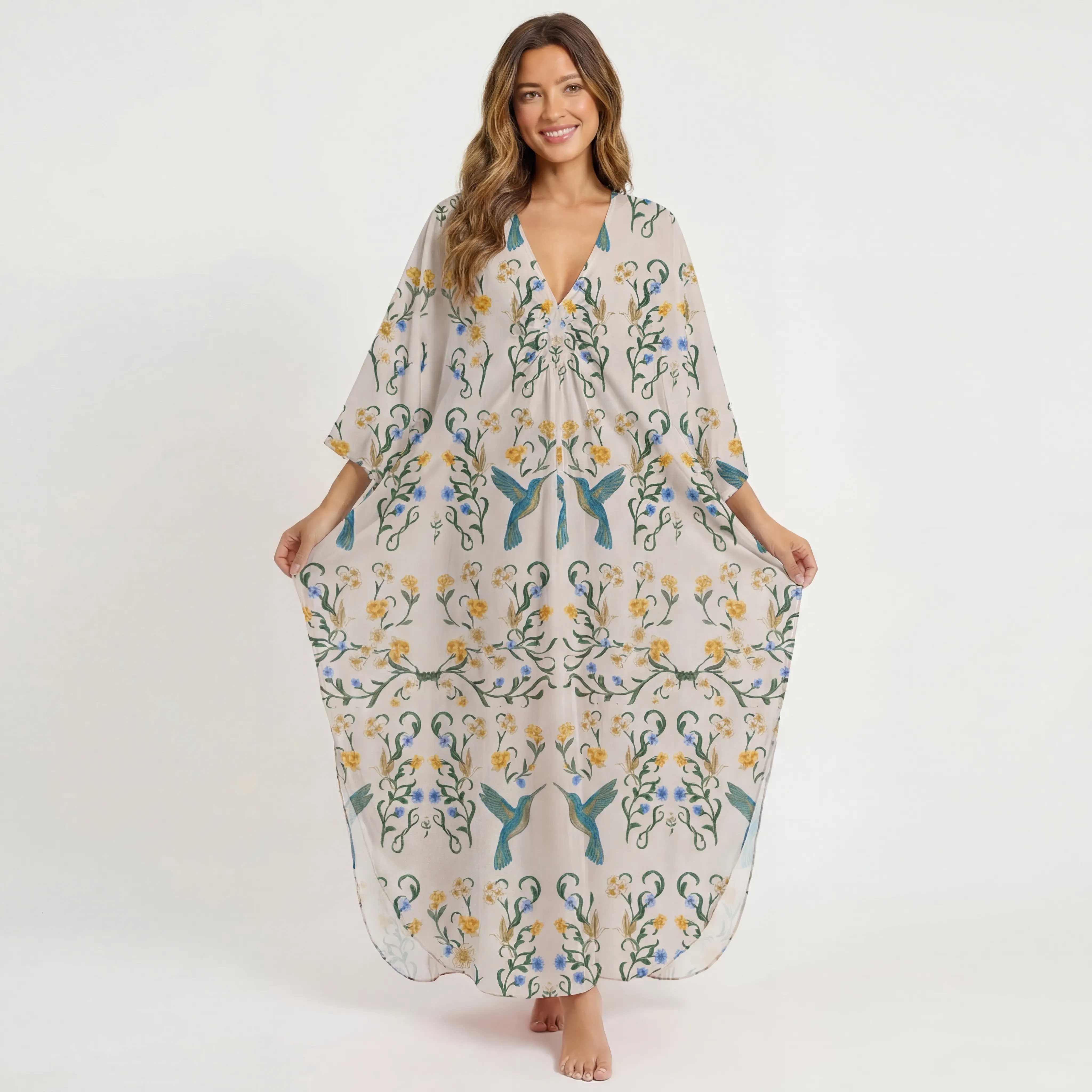  V‑Neck Whispering Hummingbird Kimono Sleeve Kaftan Dress