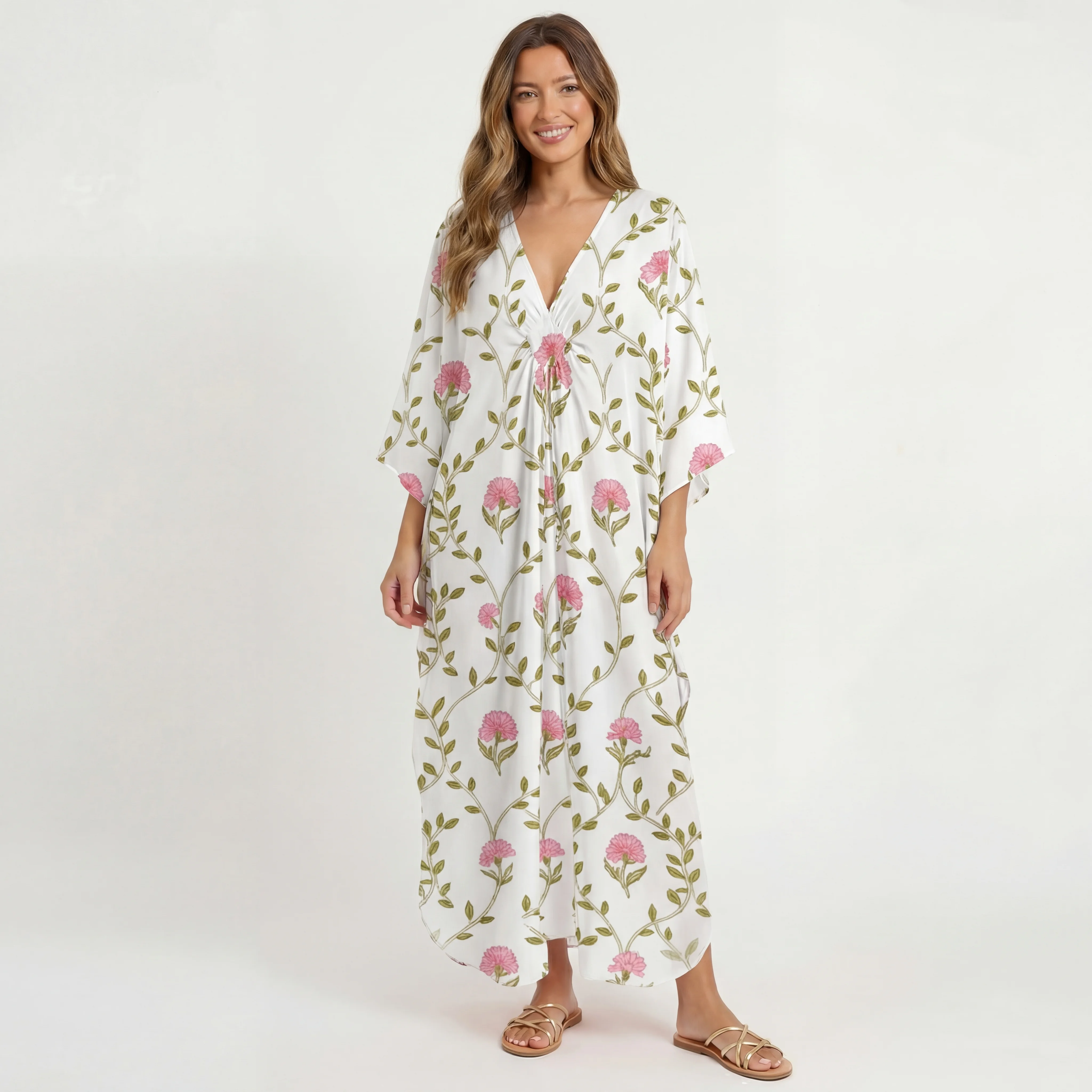  V‑Neck Clover Vine Whisper Kimono Sleeve Kaftan Dress