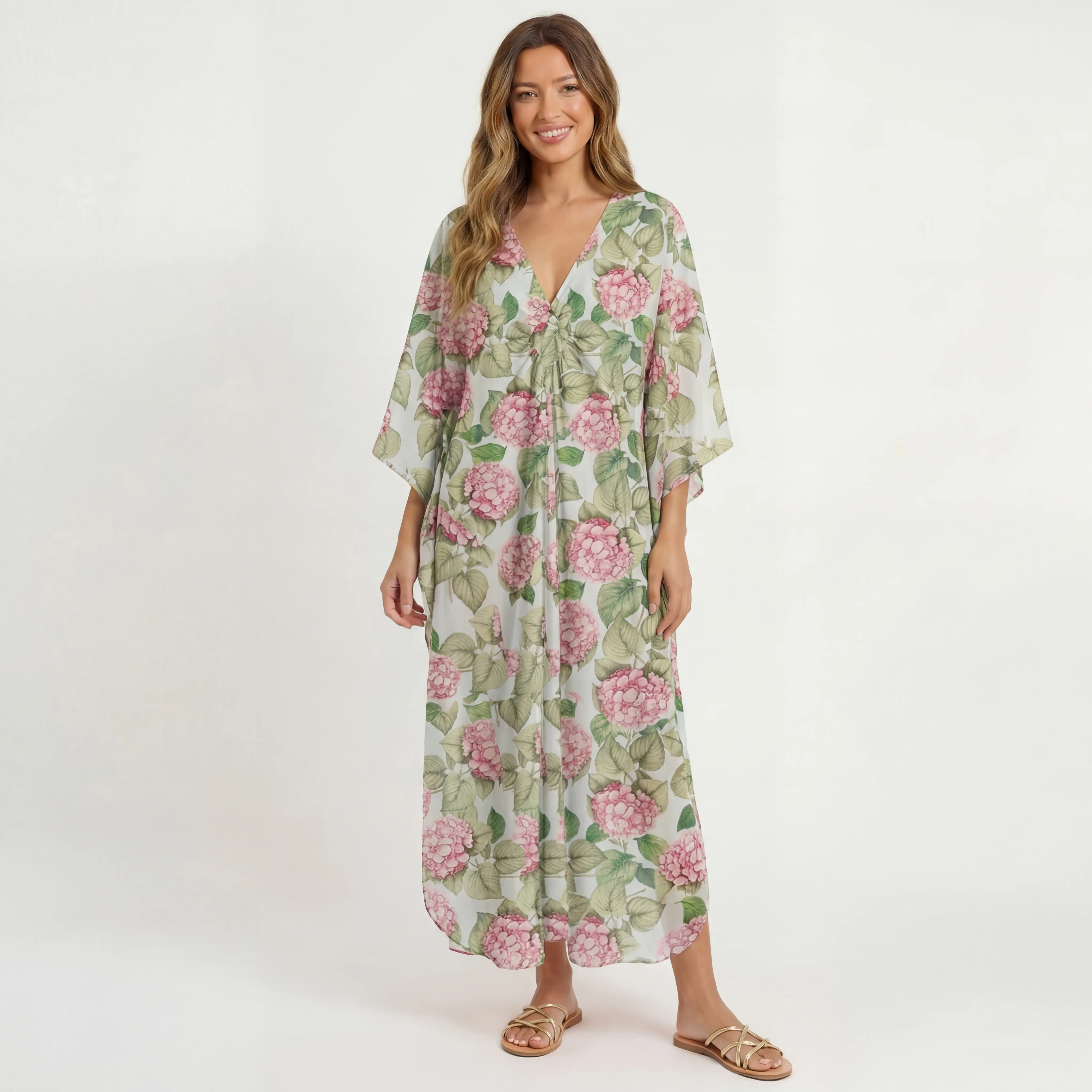 V‑Neck Hydrangea Whisper Kimono Sleeve Kaftan Dress