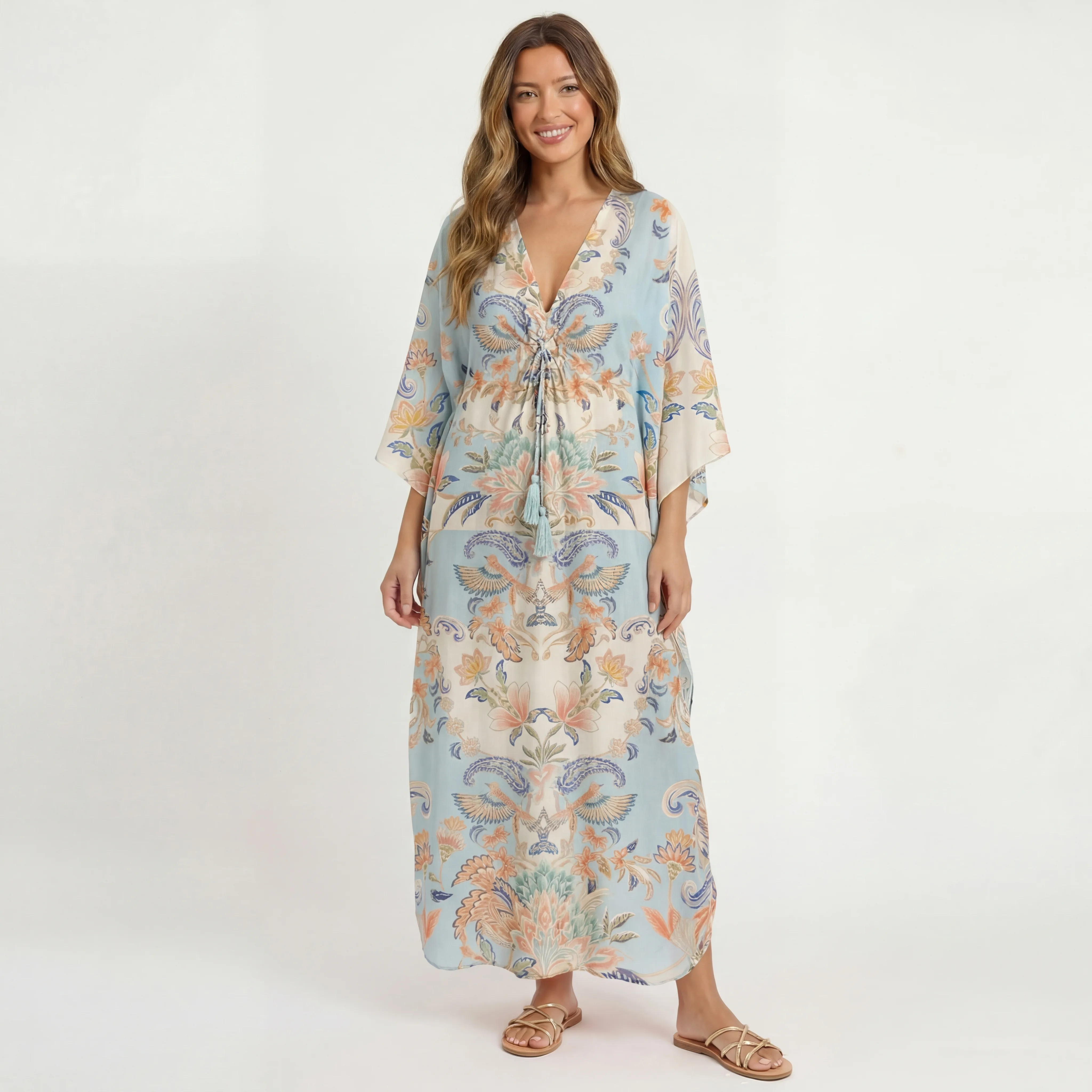  V‑Neck Azure Lily Palace Kimono Sleeve Kaftan Dress