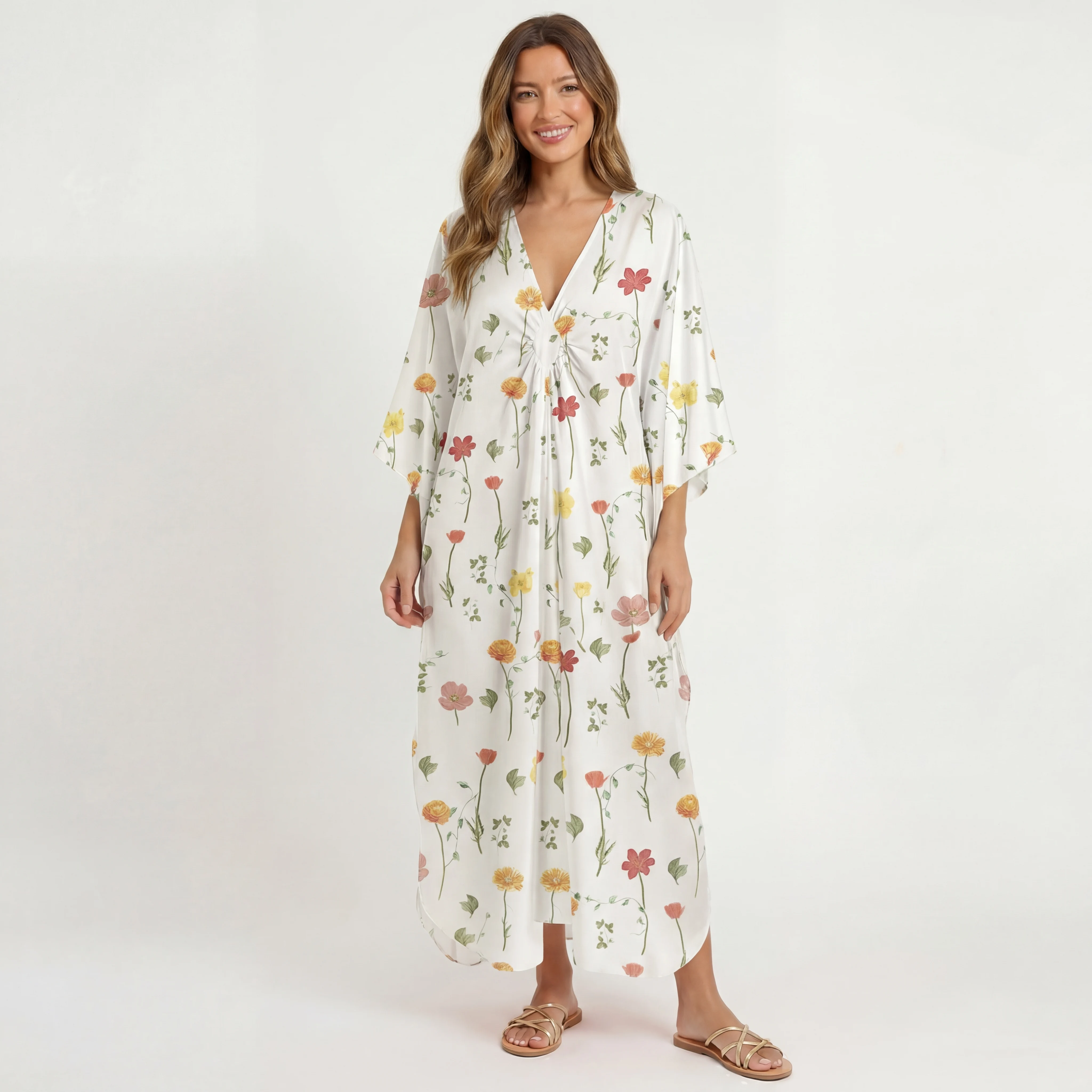  V‑Neck Wildlight Meadow Kimono Sleeve Kaftan Dress