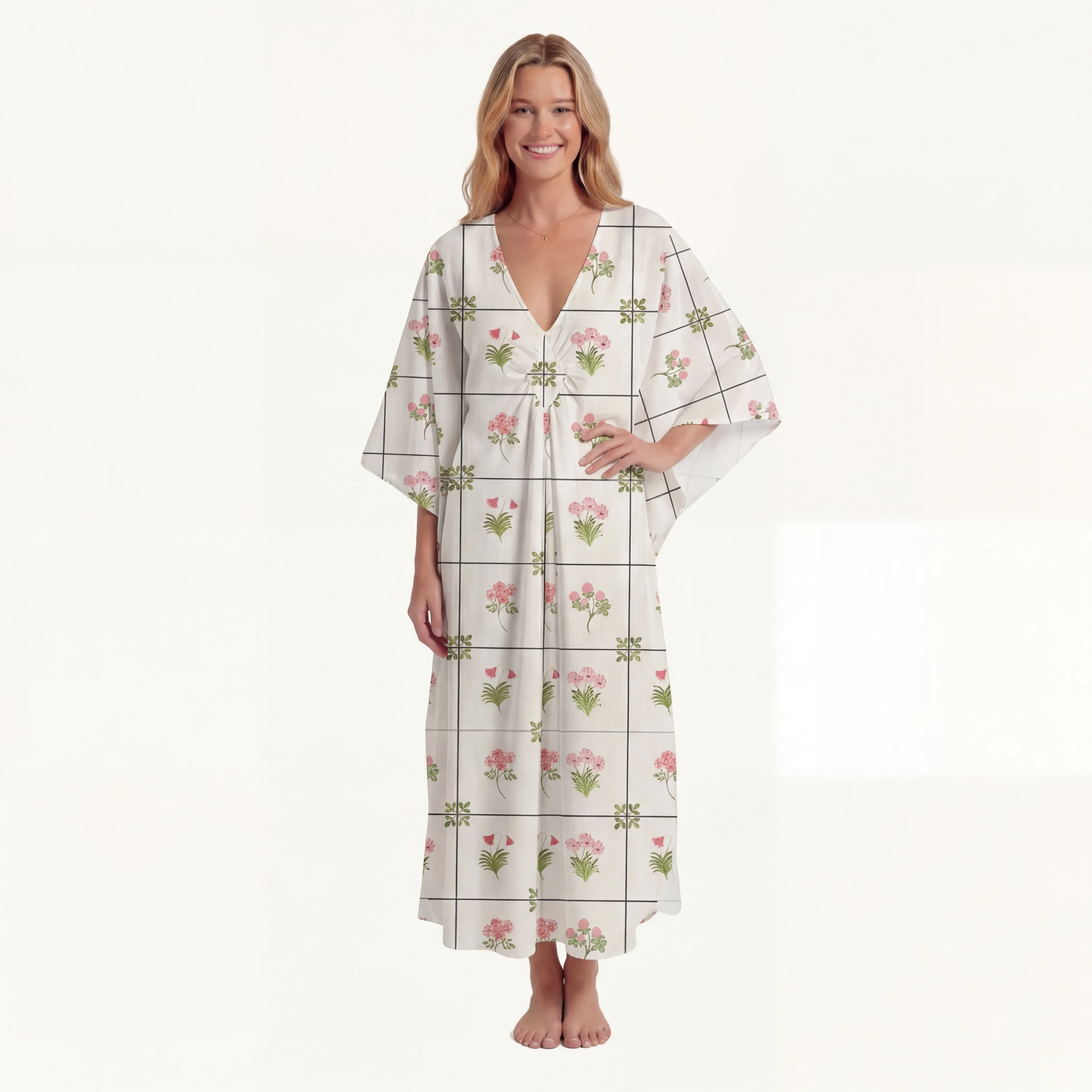  V‑Neck Meadow Tile Bloom Kimono Sleeve Kaftan Dress