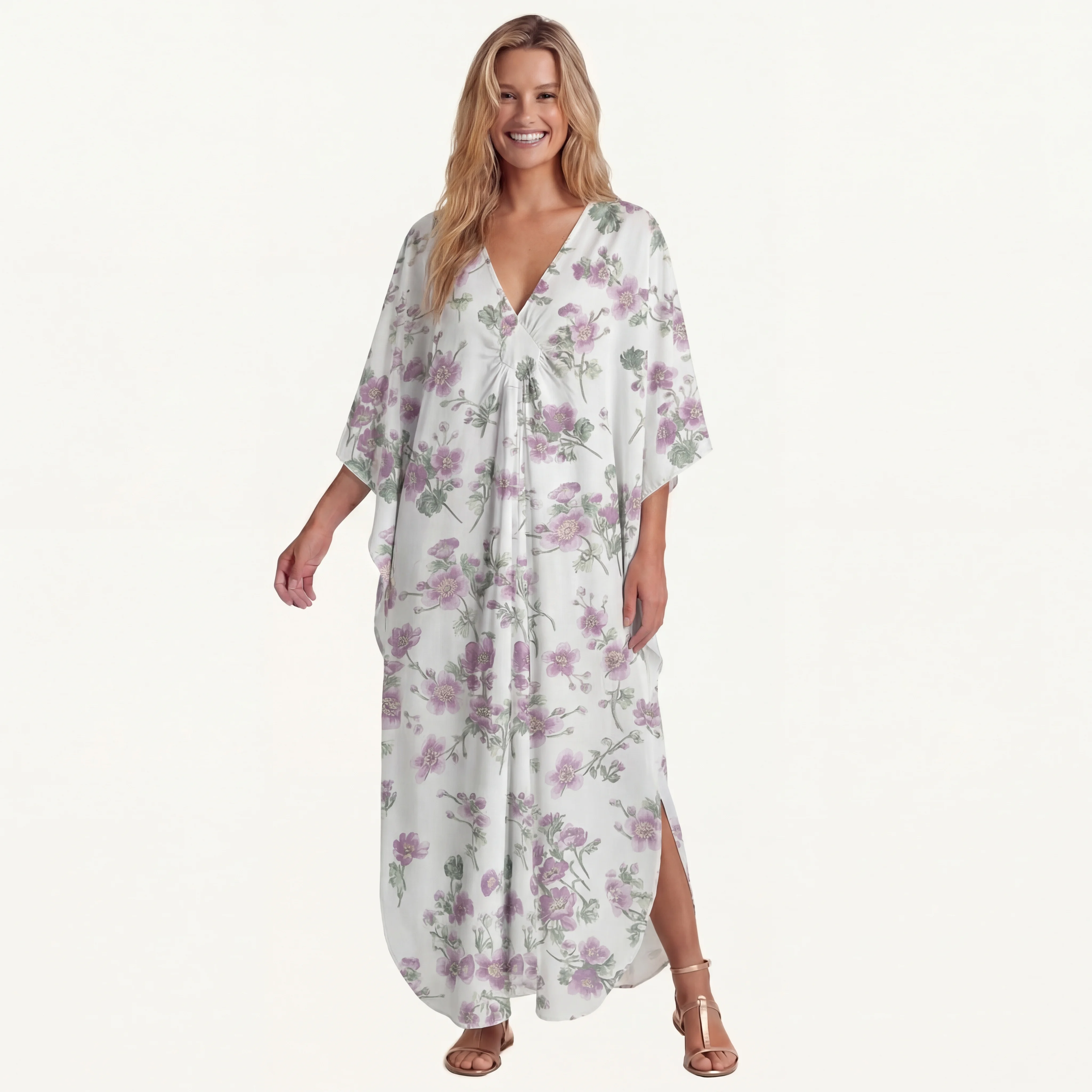  V‑Neck Lavender Field Whisper Kimono Sleeve Kaftan Dress