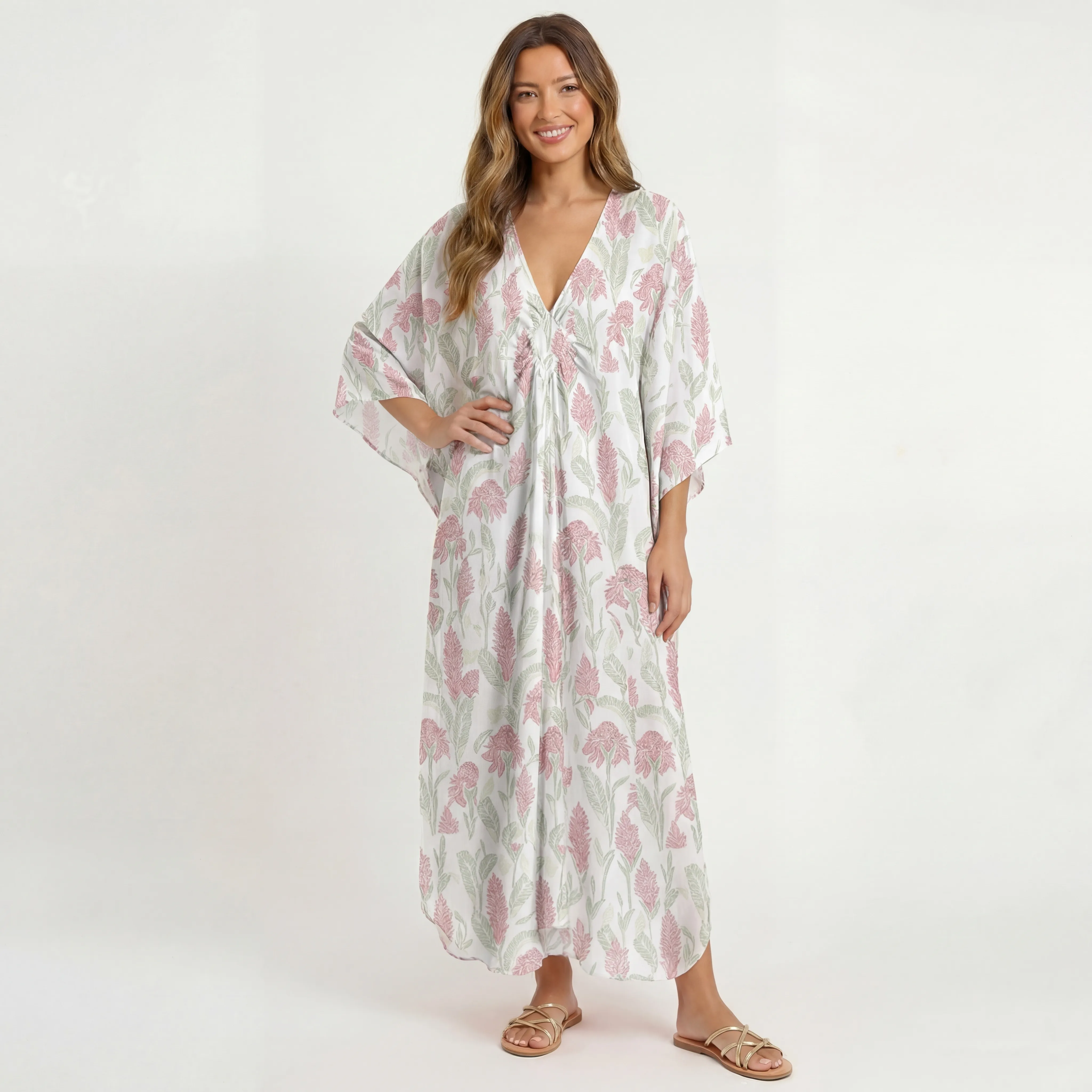  V‑Neck Wild Feather Whisper Kimono Sleeve Kaftan Dress