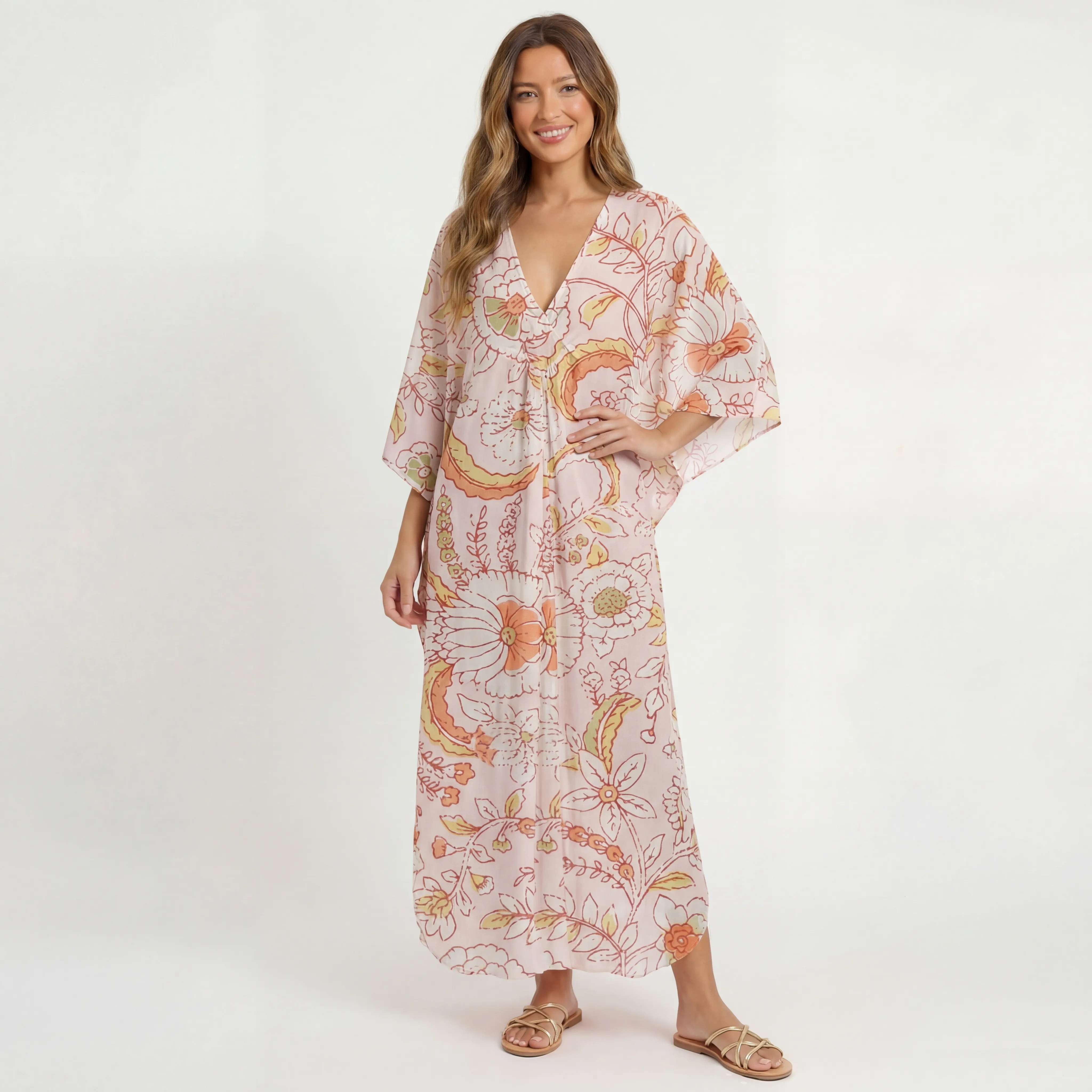  V‑Neck Dusty Bloom Whisper Kimono Sleeve Kaftan Dress