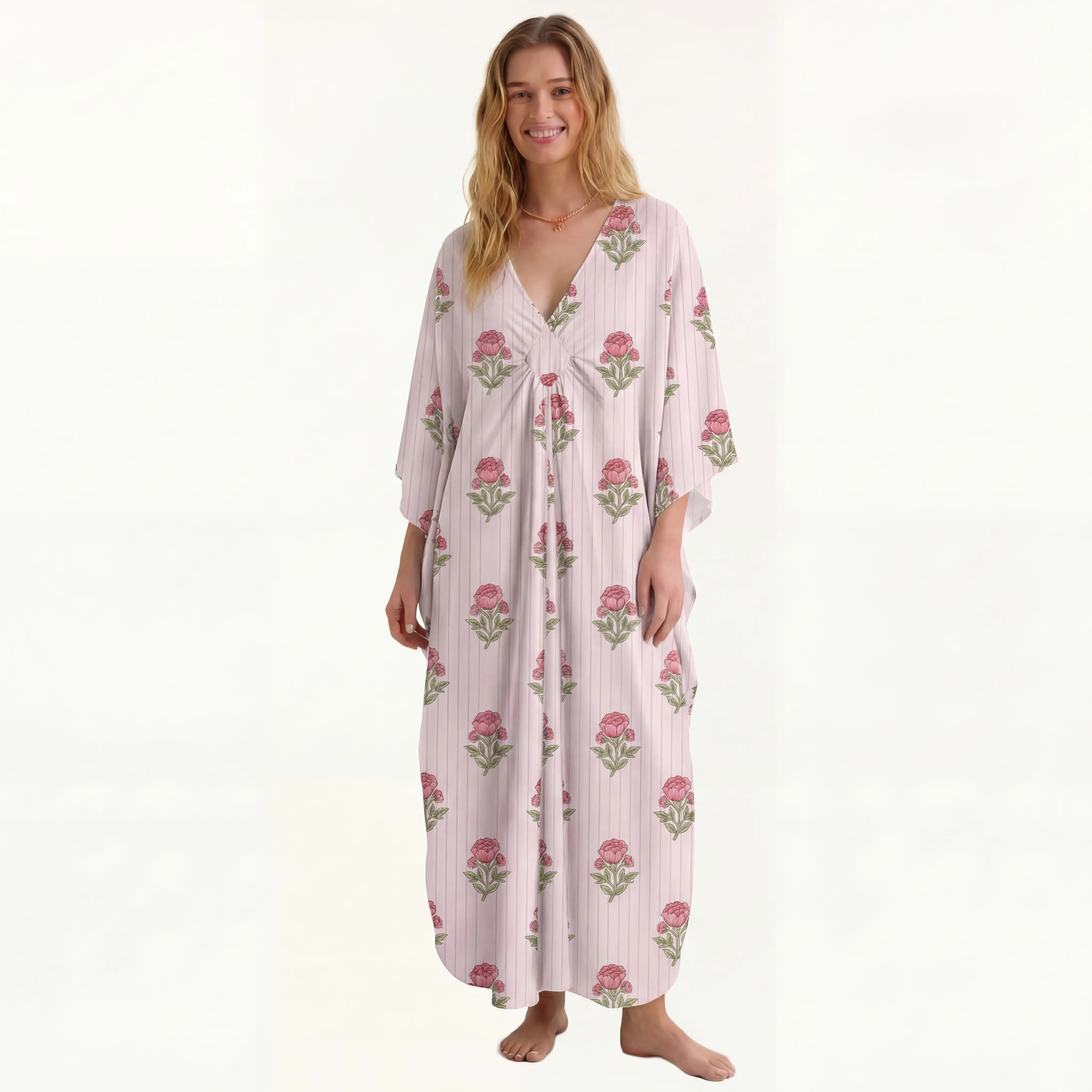  V‑Neck Misty Rose Garden Kimono Sleeve Kaftan Dress