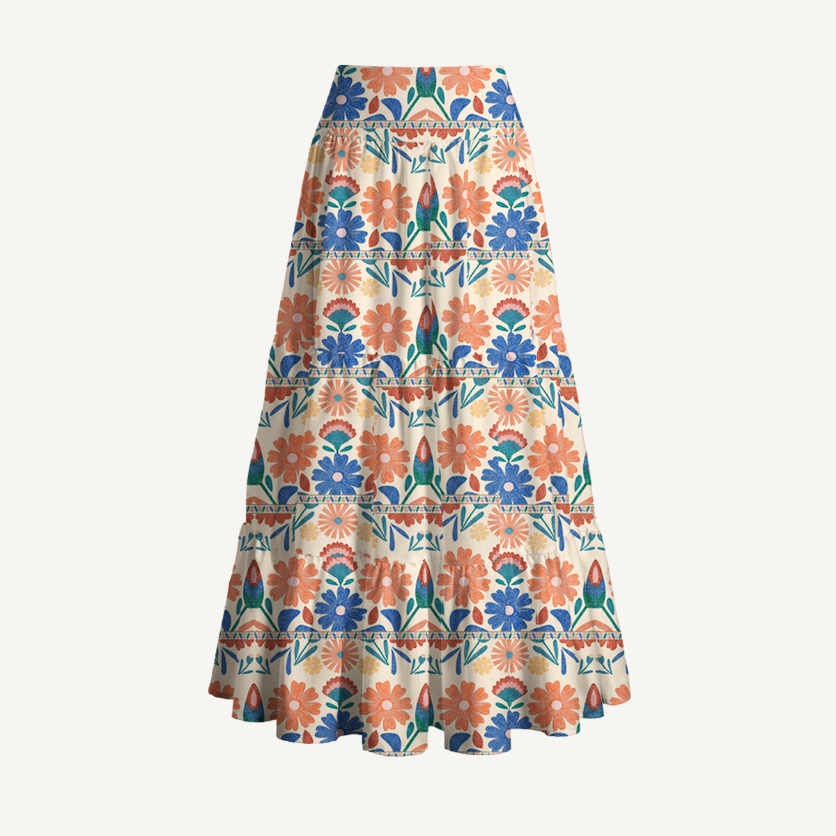 Bohemian Folk Floral Stripe Print Maxi Skirt