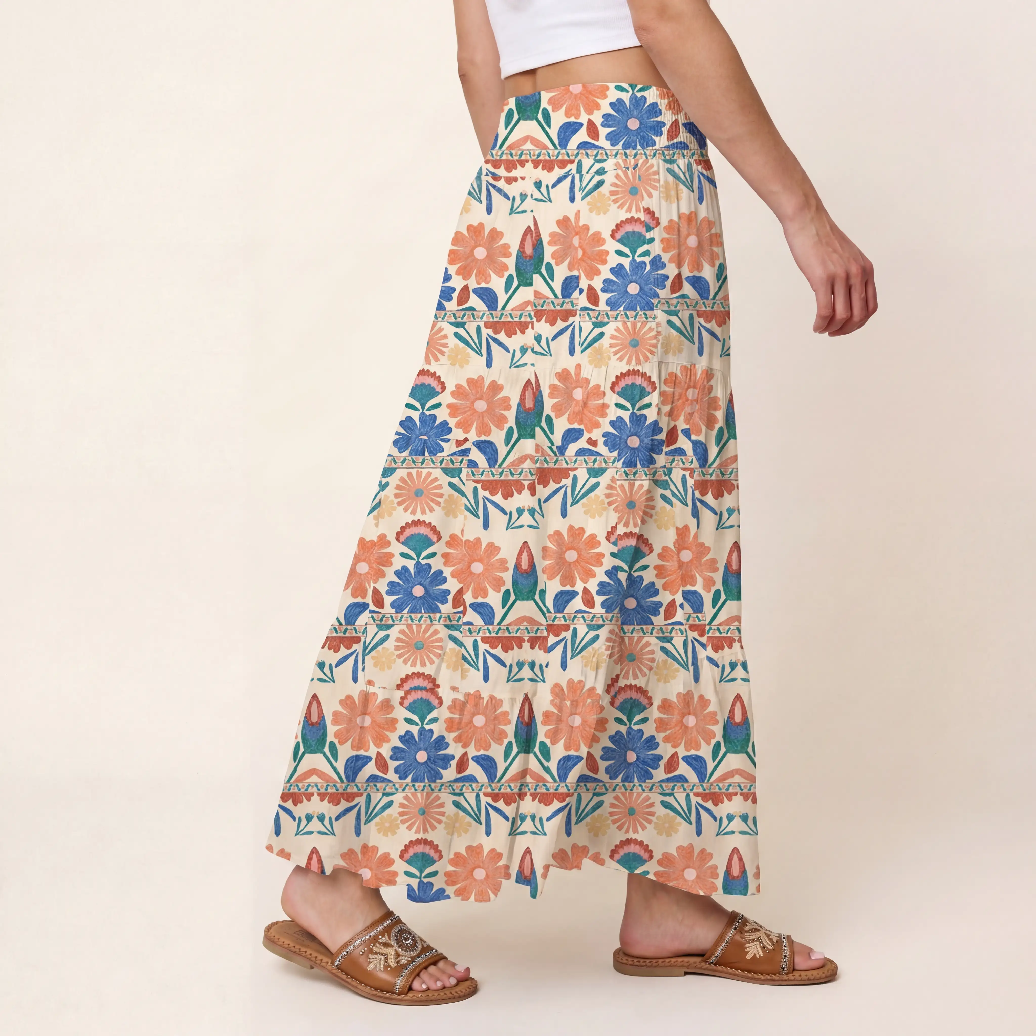 Bohemian Folk Floral Stripe Print Maxi Skirt