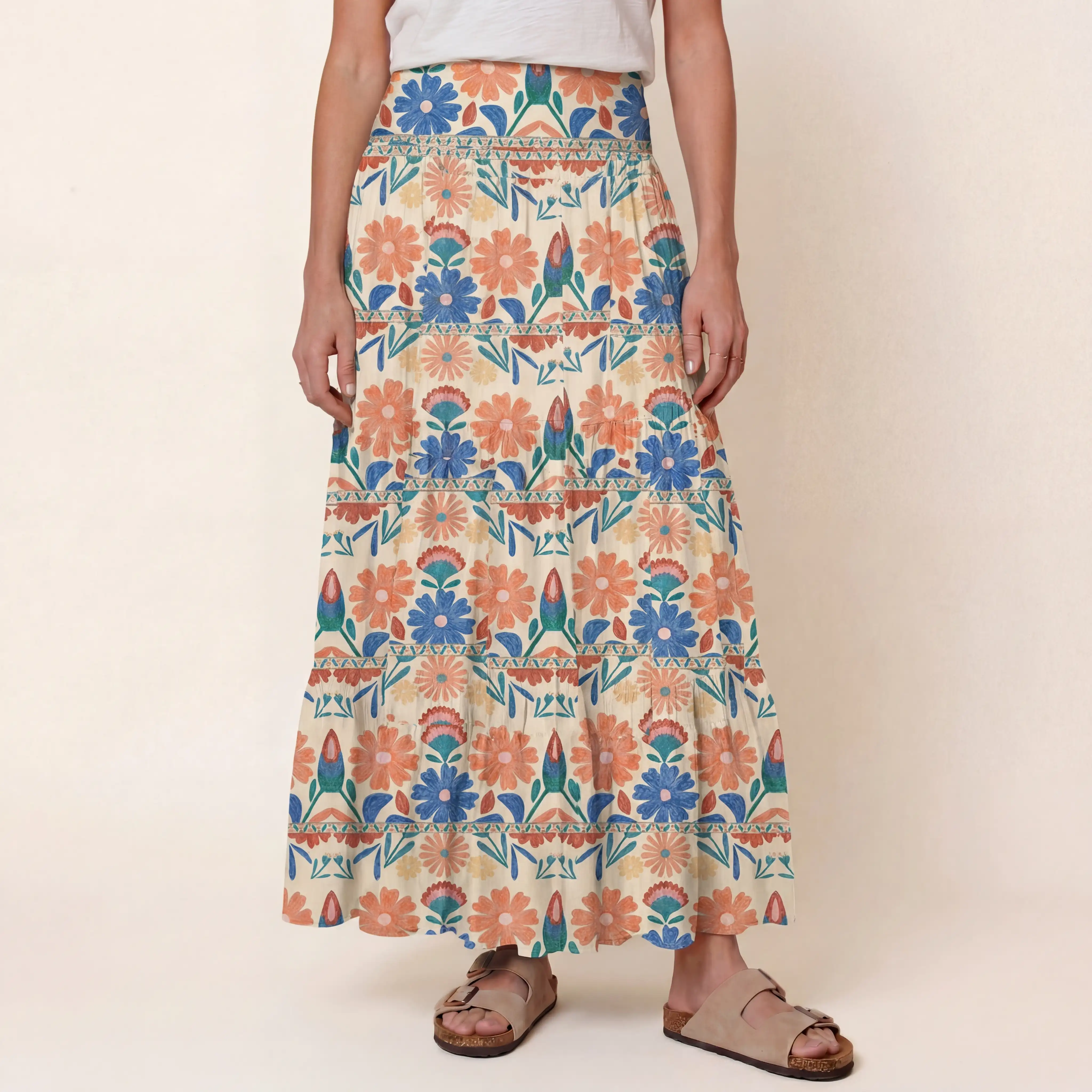 Bohemian Folk Floral Stripe Print Maxi Skirt