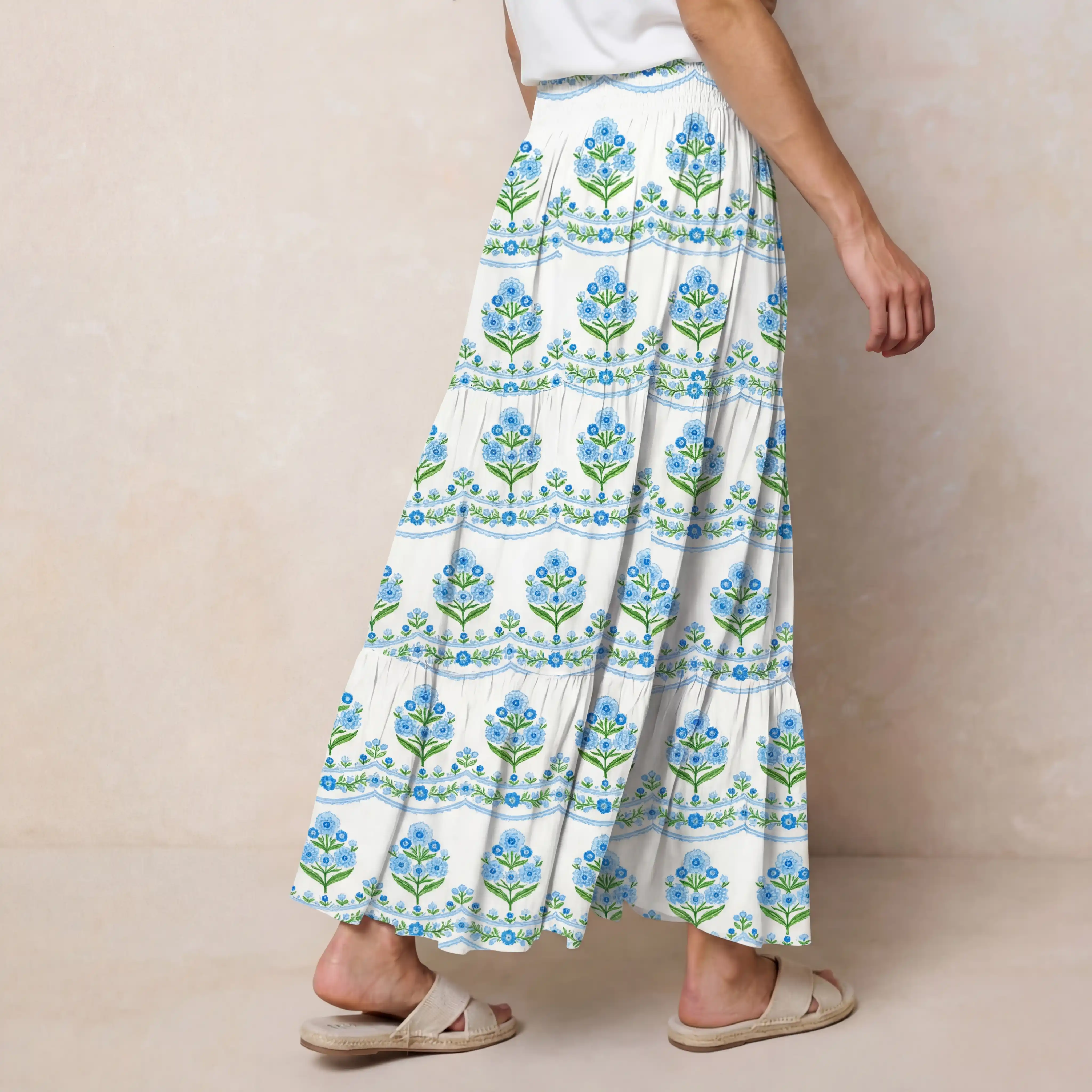 Azure Folk Print Maxi Skirt