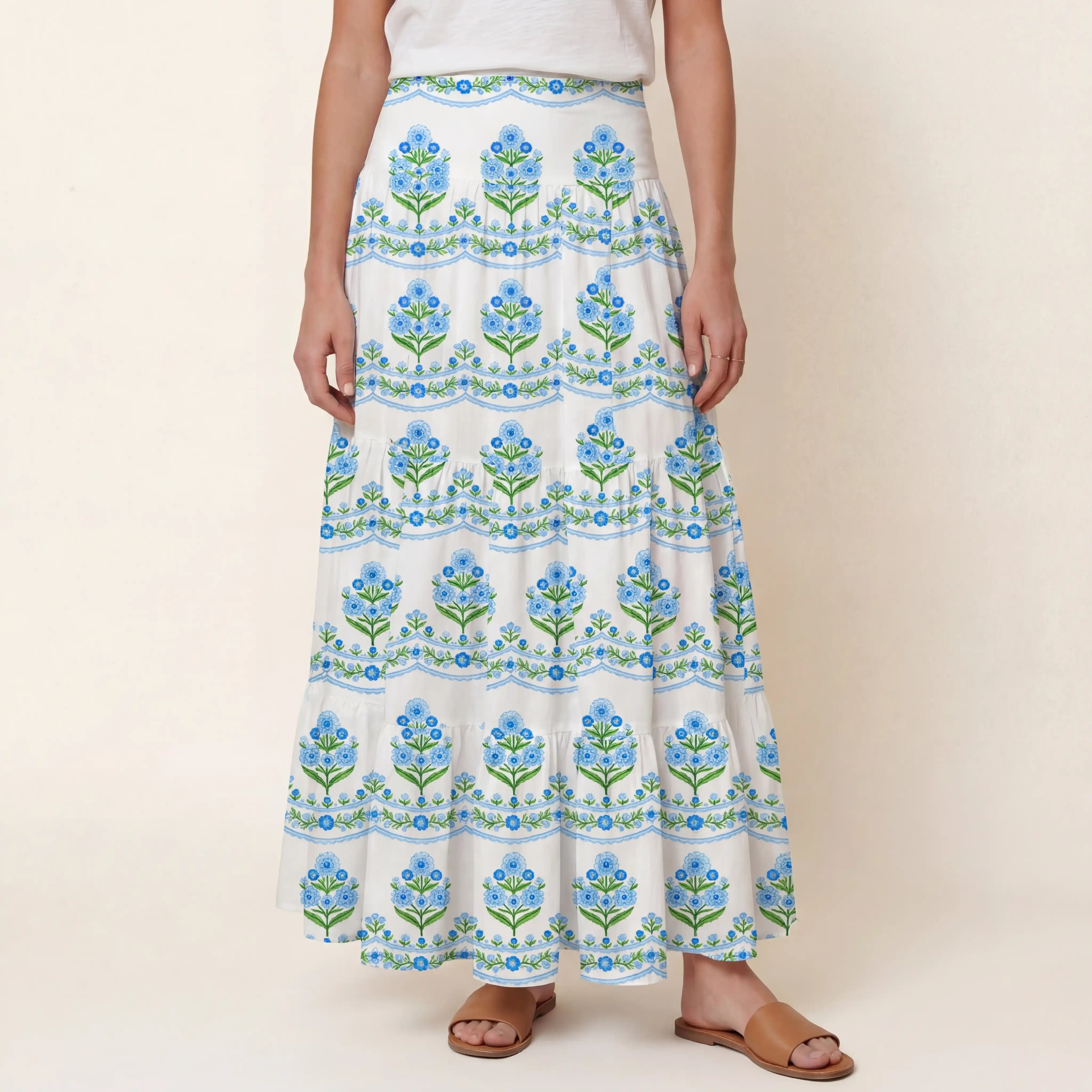 Azure Folk Print Maxi Skirt