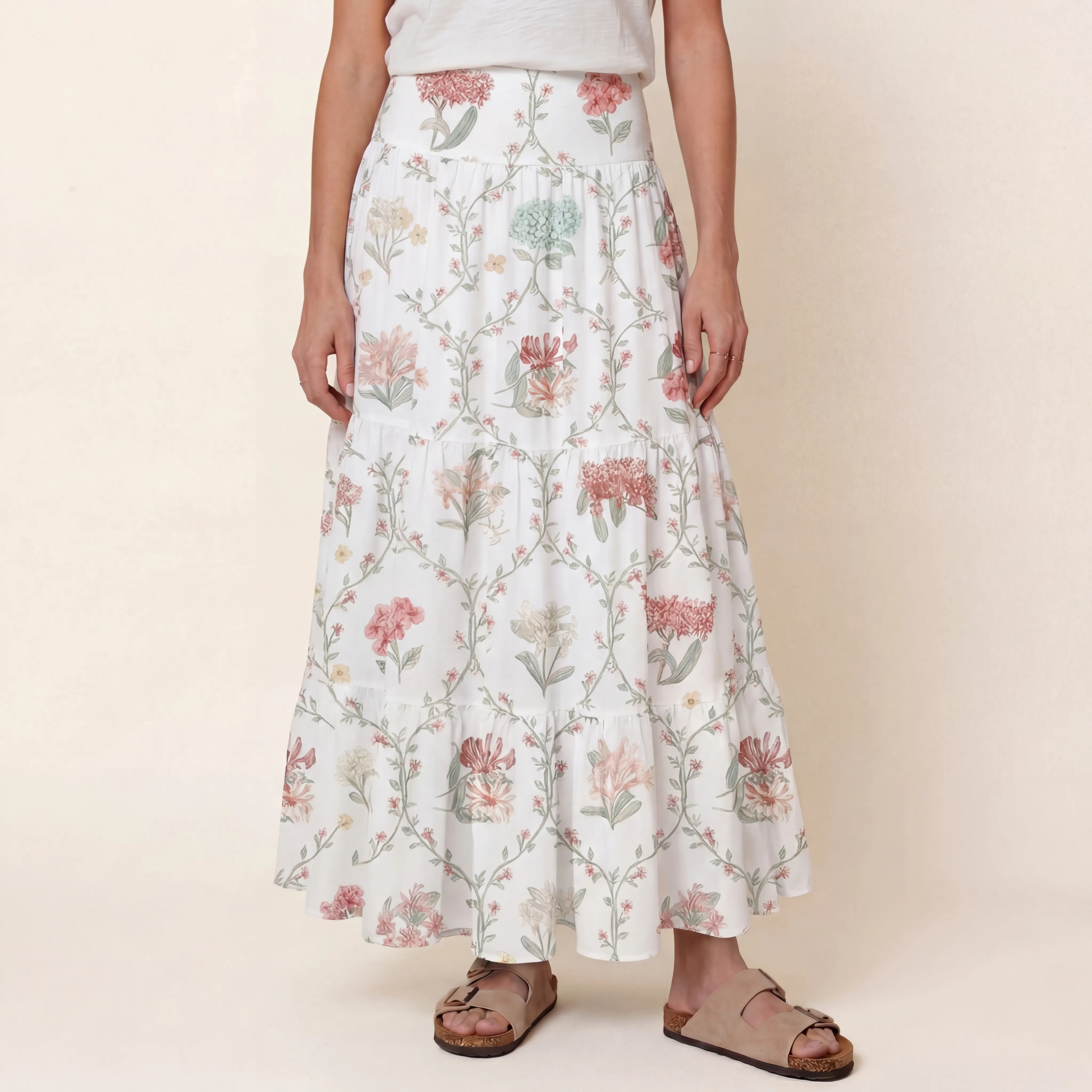 Coral Vine Print Maxi Skirt