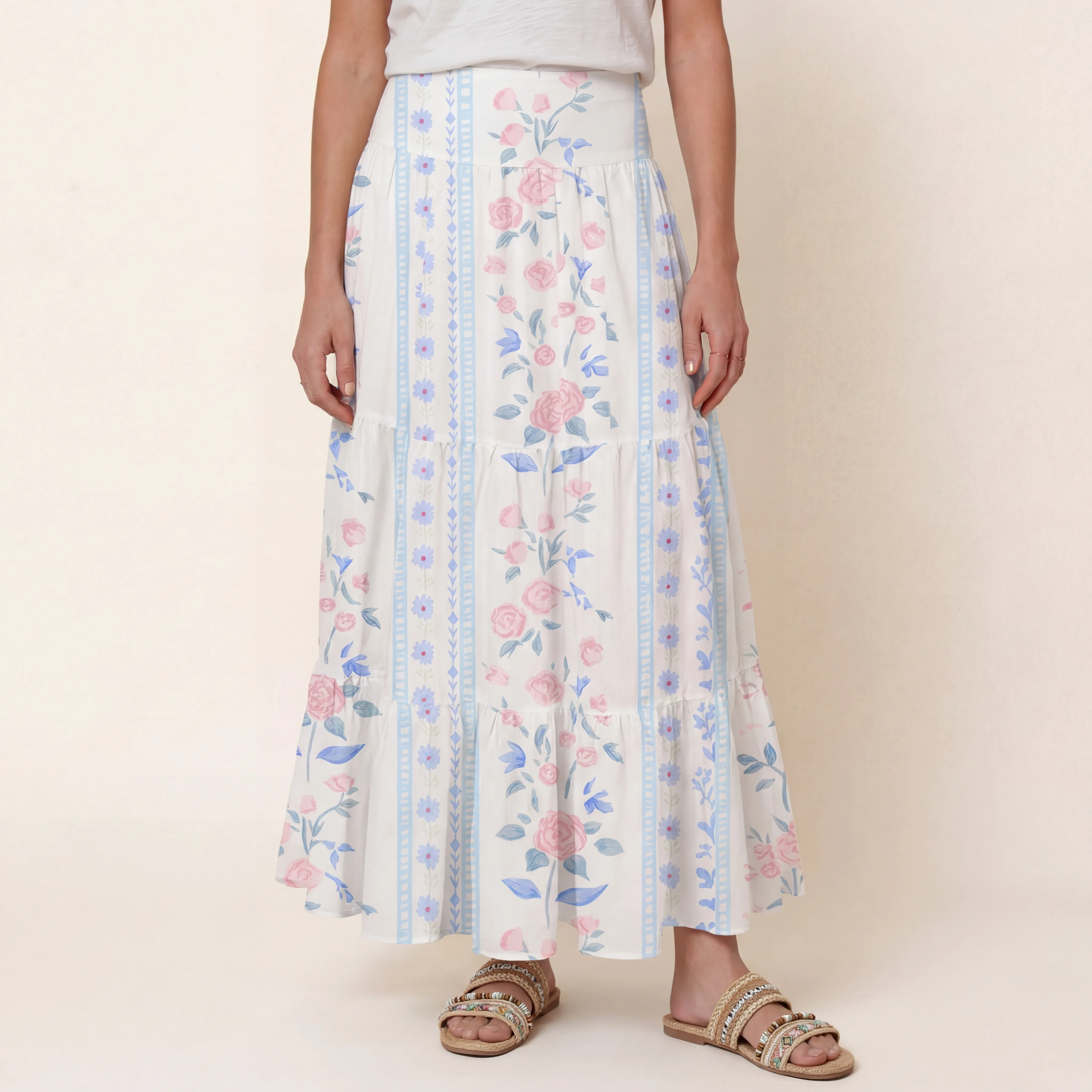 Blue Rose Print Maxi Skirt
