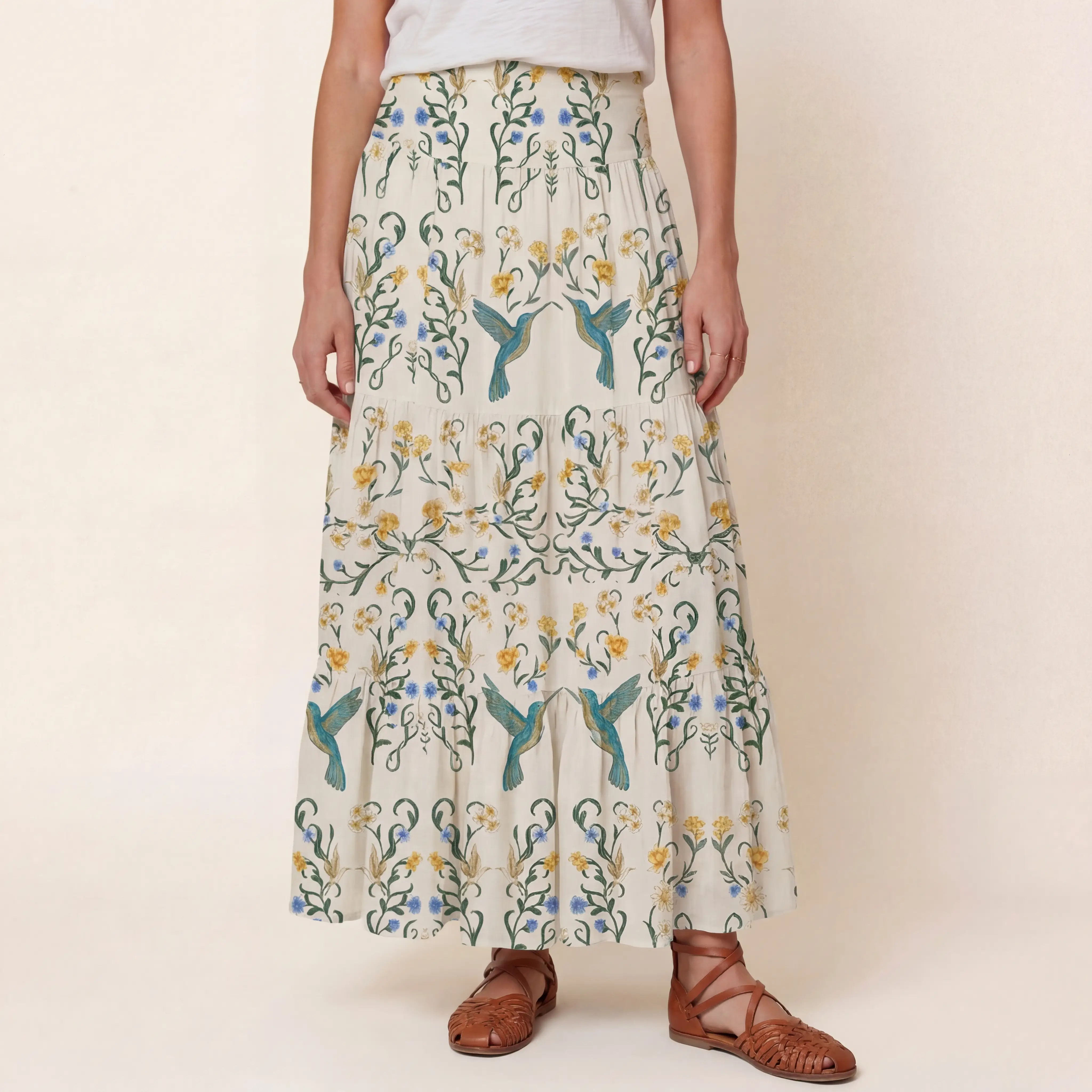 Whispering Hummingbird Print Maxi Skirt