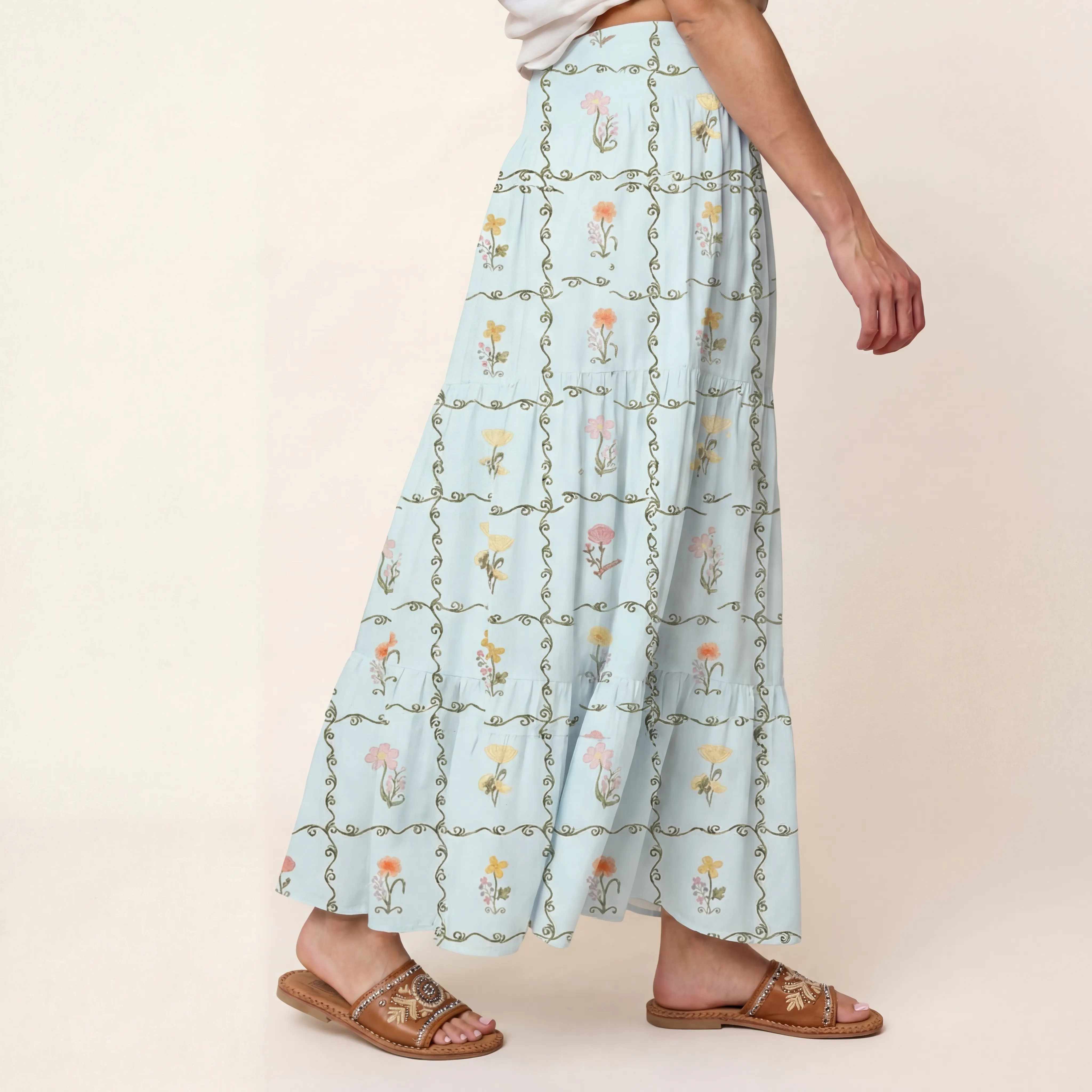 Sunny Garden Tiles Print Maxi Skirt