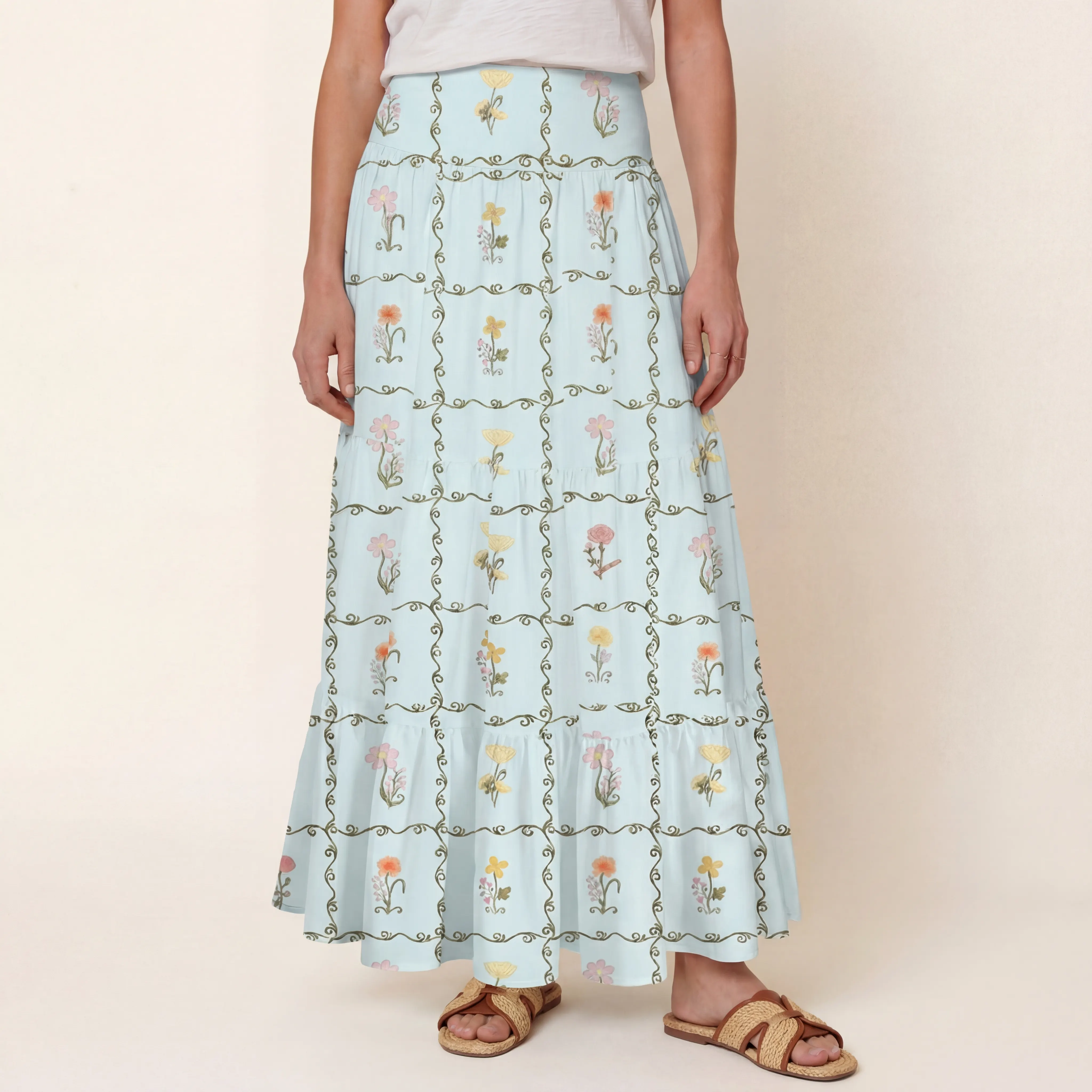 Sunny Garden Tiles Print Maxi Skirt