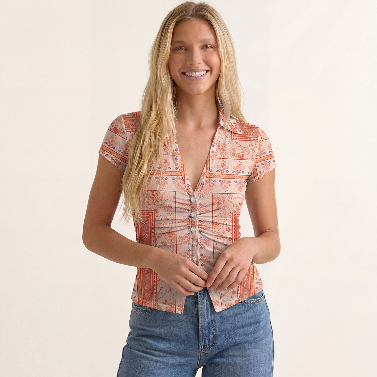 V-Neck Short Sleeve Dahlia Print Mesh Top