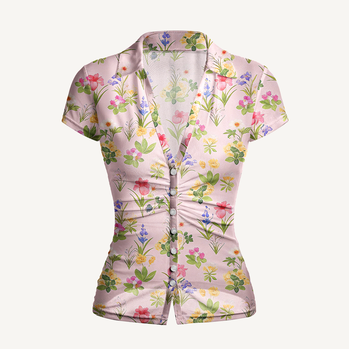 V-Neck Short Sleeve Delicate Blossom Print Mesh Top