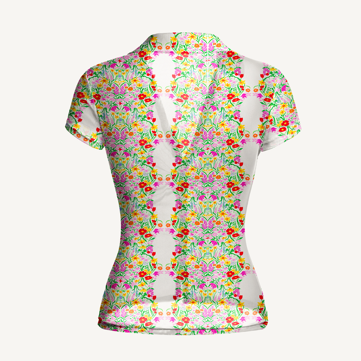 V-Neck Short Sleeve Elegant Garden Print Mesh Top