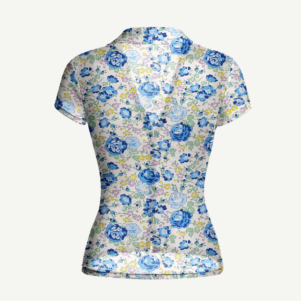 V-Neck Short Sleeve Blue Rose Floral Print Mesh Top