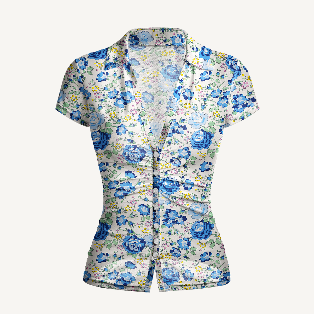 V-Neck Short Sleeve Blue Rose Floral Print Mesh Top