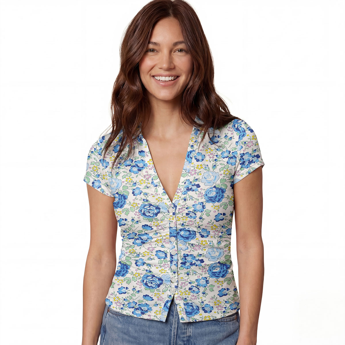 V-Neck Short Sleeve Blue Rose Floral Print Mesh Top