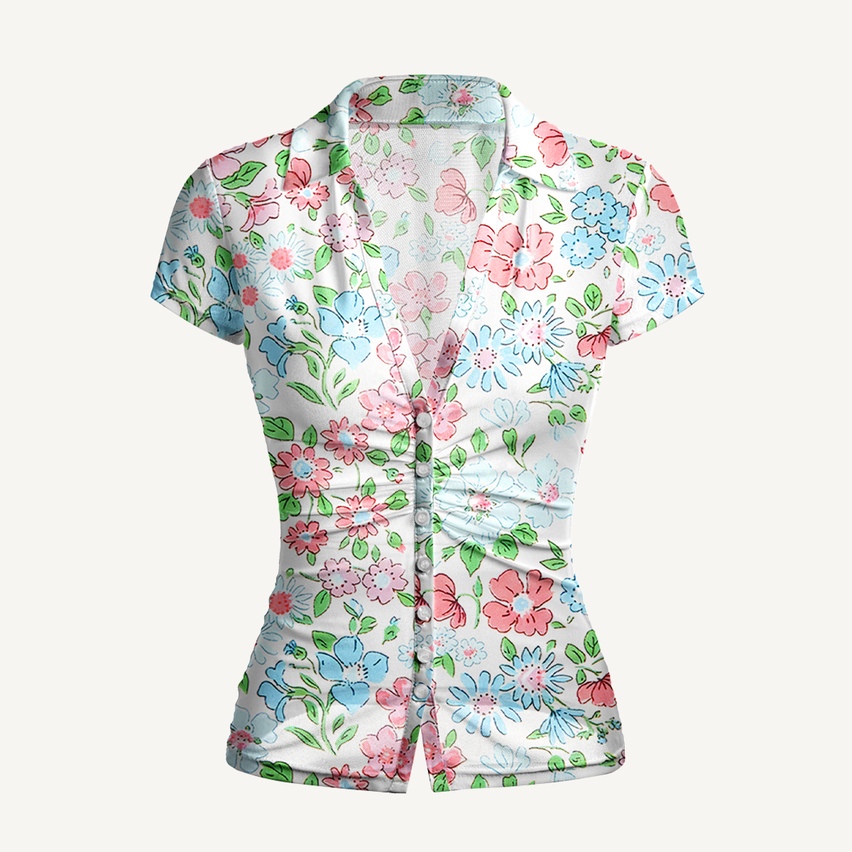 V-Neck Short Sleeve Pastel Cottage Floral Print Mesh Top