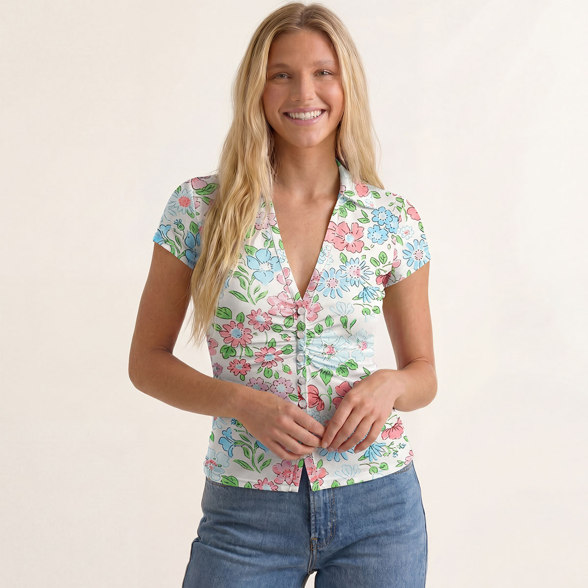 V-Neck Short Sleeve Pastel Cottage Floral Print Mesh Top