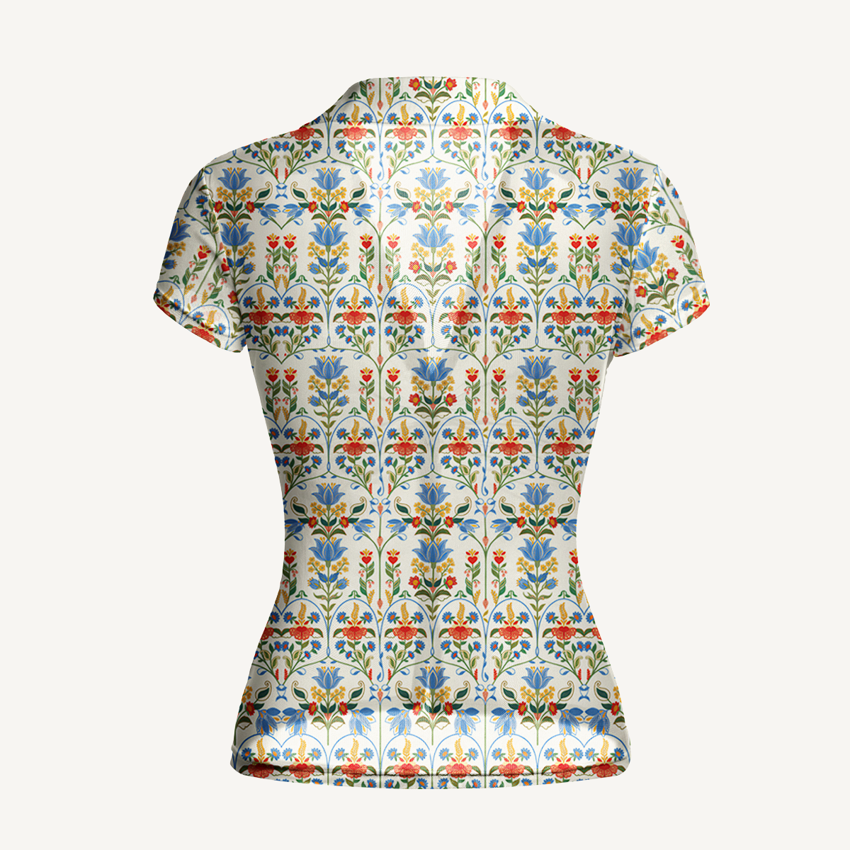 V-Neck Short Sleeve Folk Bloom Print Mesh Top