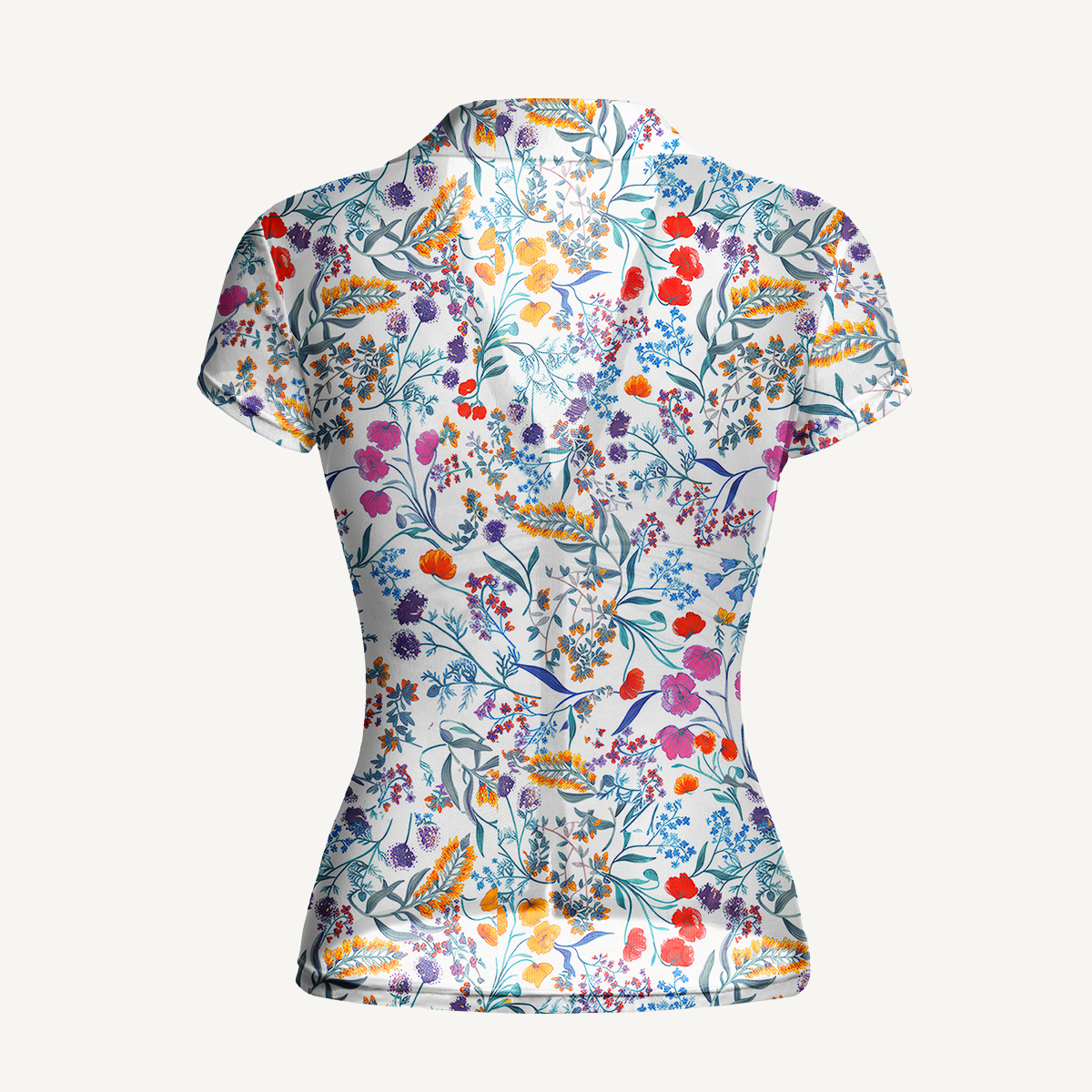 V-Neck Short Sleeve Fiery Meadow Print Mesh Top