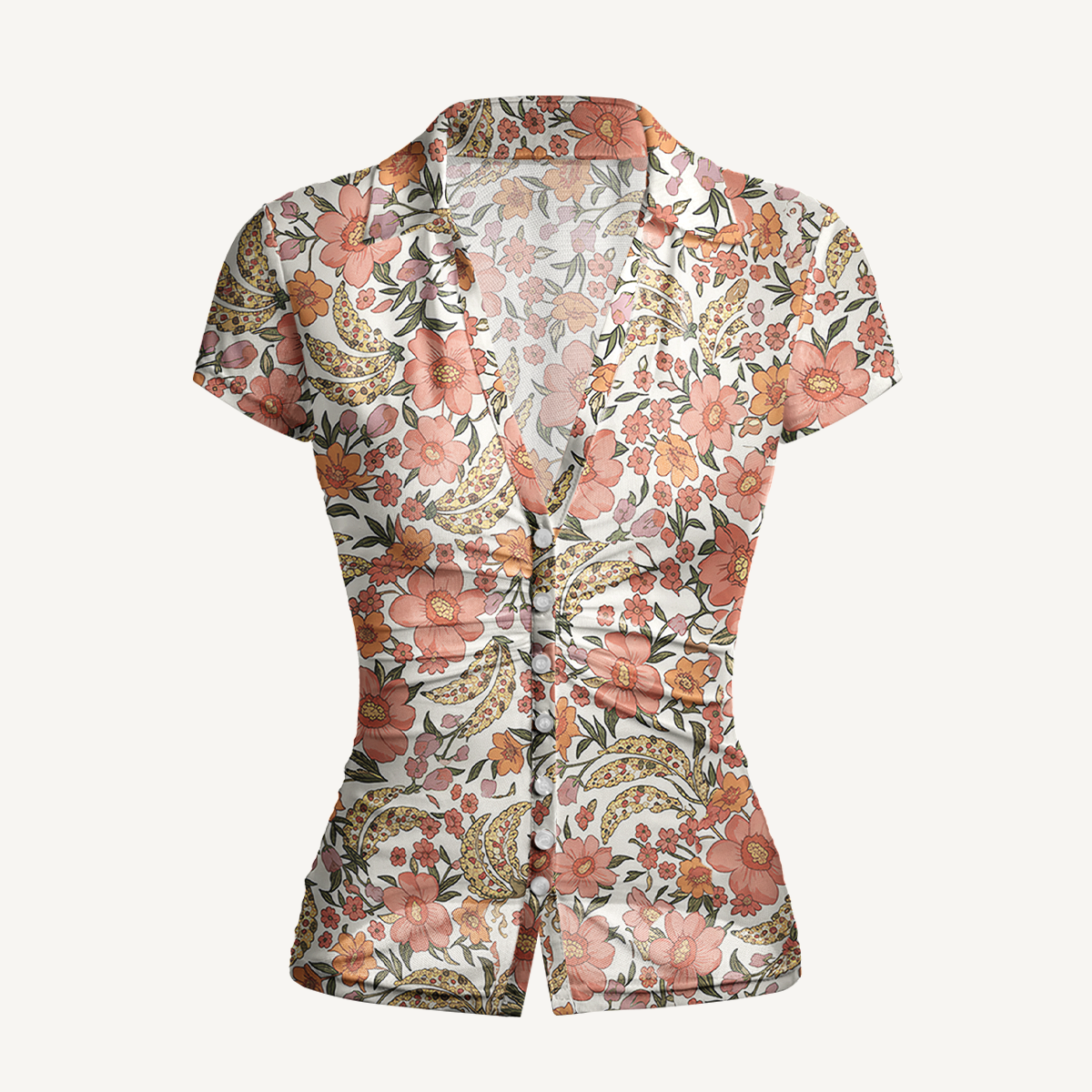 V-Neck Short Sleeve Amber Bloom Print Mesh Top