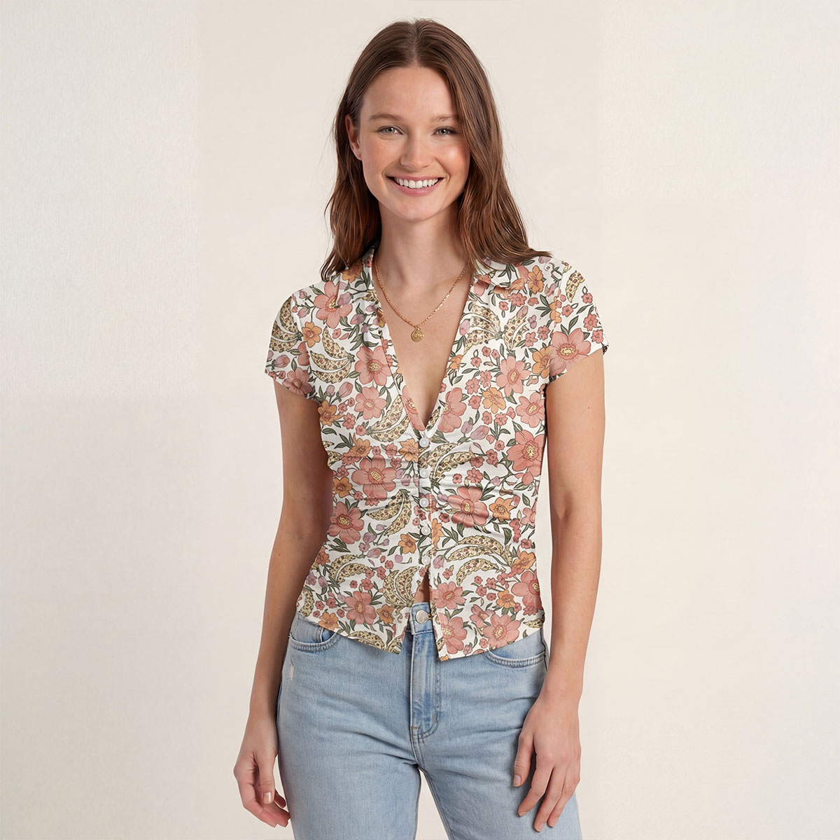 V-Neck Short Sleeve Amber Bloom Print Mesh Top