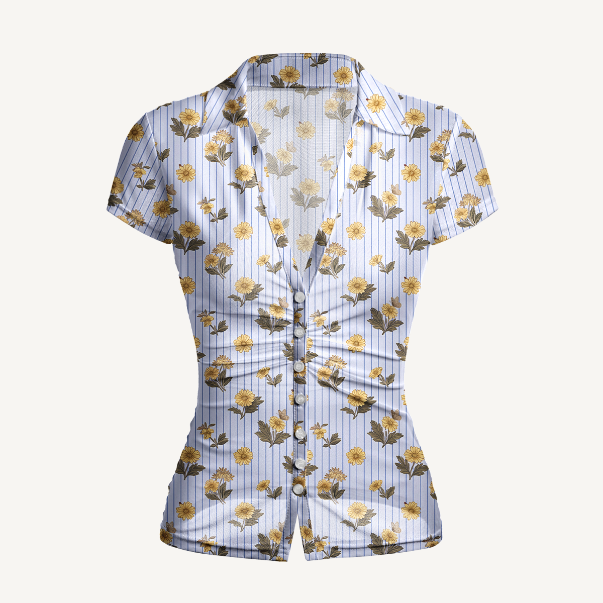 V-Neck Short Sleeve Blue Marigold Print Mesh Top