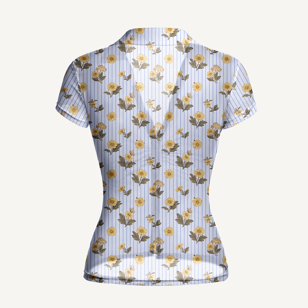 V-Neck Short Sleeve Blue Marigold Print Mesh Top